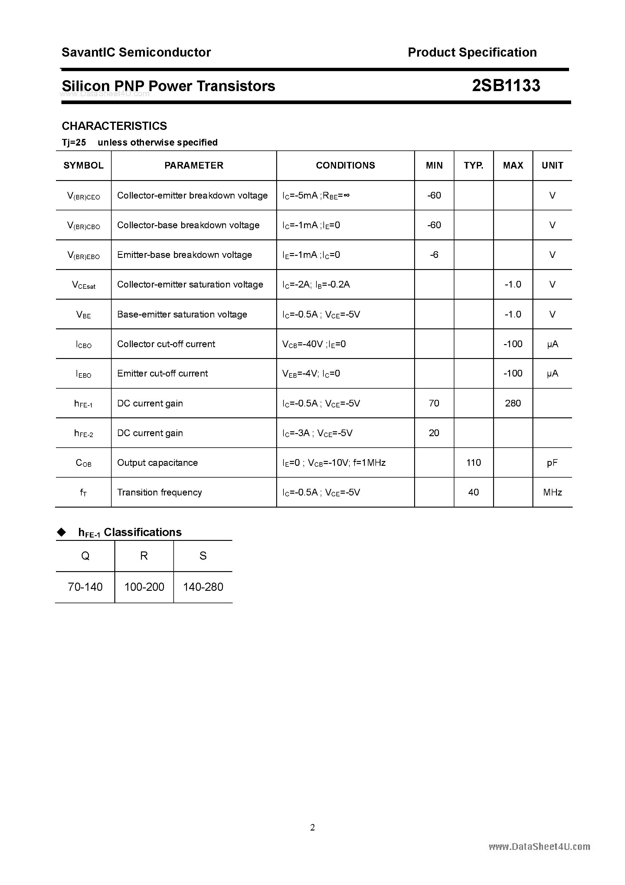 Datasheet 2SB1133 page 2 Datasheet 2SB1133 - SILICON POWER TRANSISTOR page 2