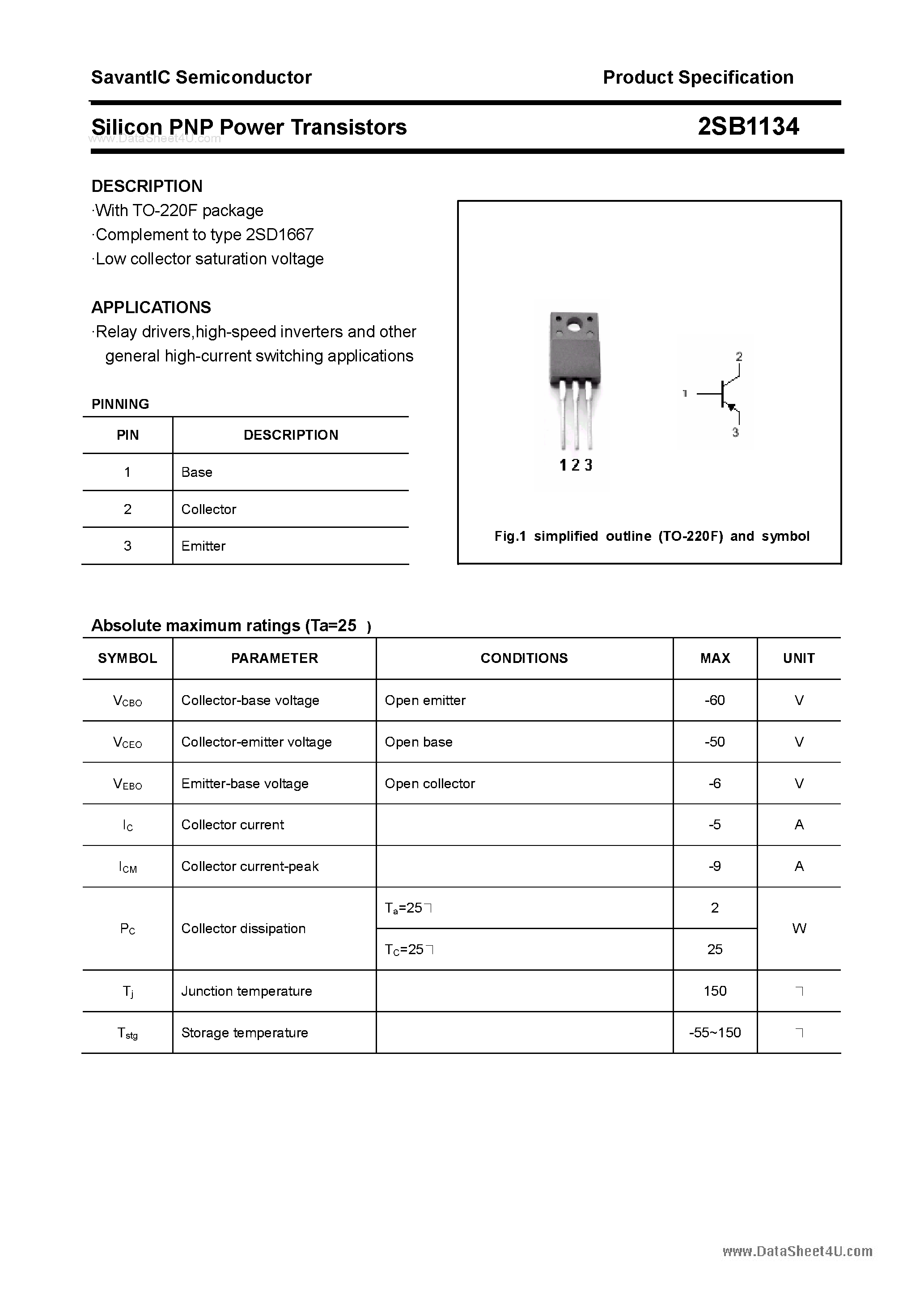Datasheet 2SB1134 - SILICON POWER TRANSISTOR page 1