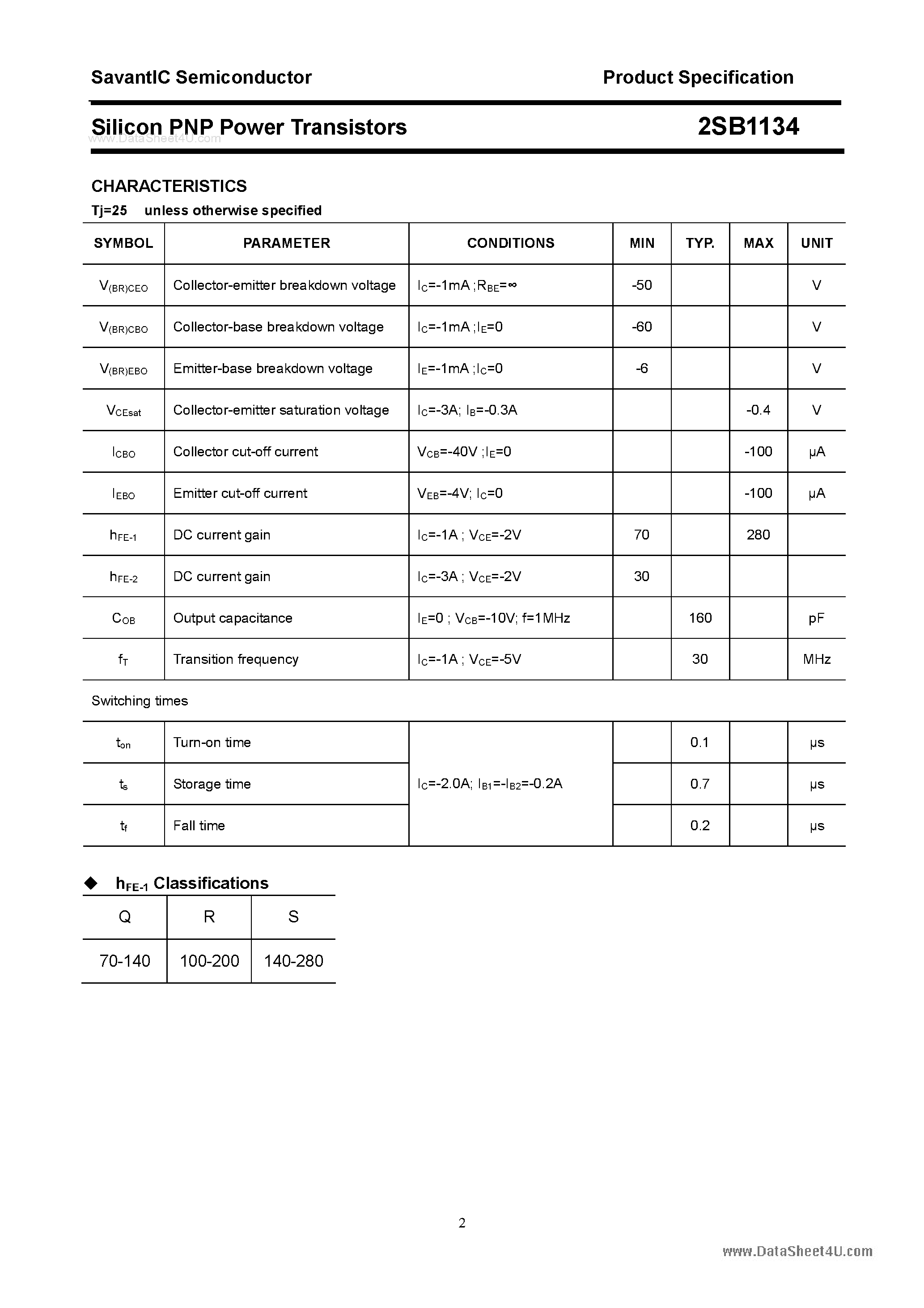 Datasheet 2SB1134 - SILICON POWER TRANSISTOR page 2