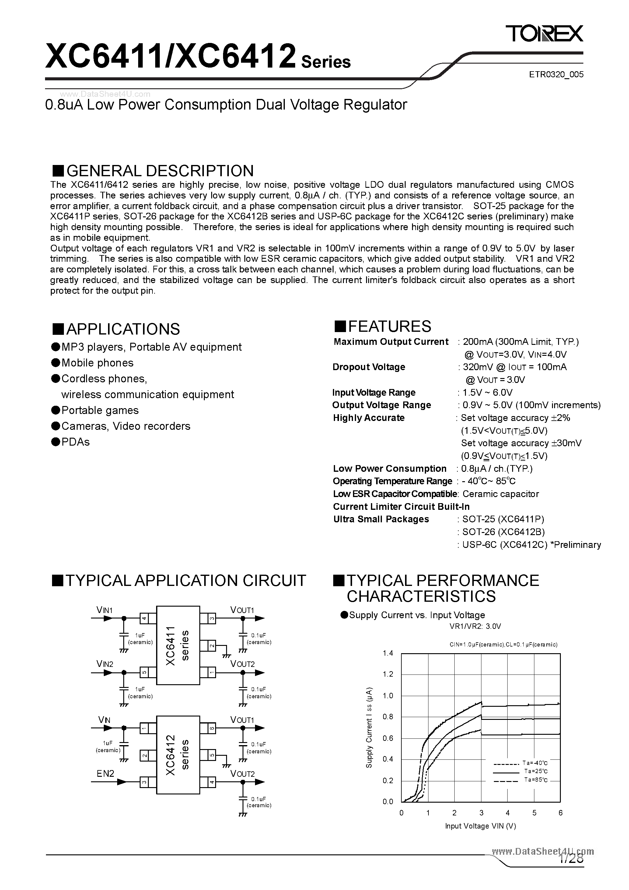 Datasheet XC6411 - (XC6411 / XC6412) 0.8uA Low Power Consumption Dual Voltage Regulator page 1