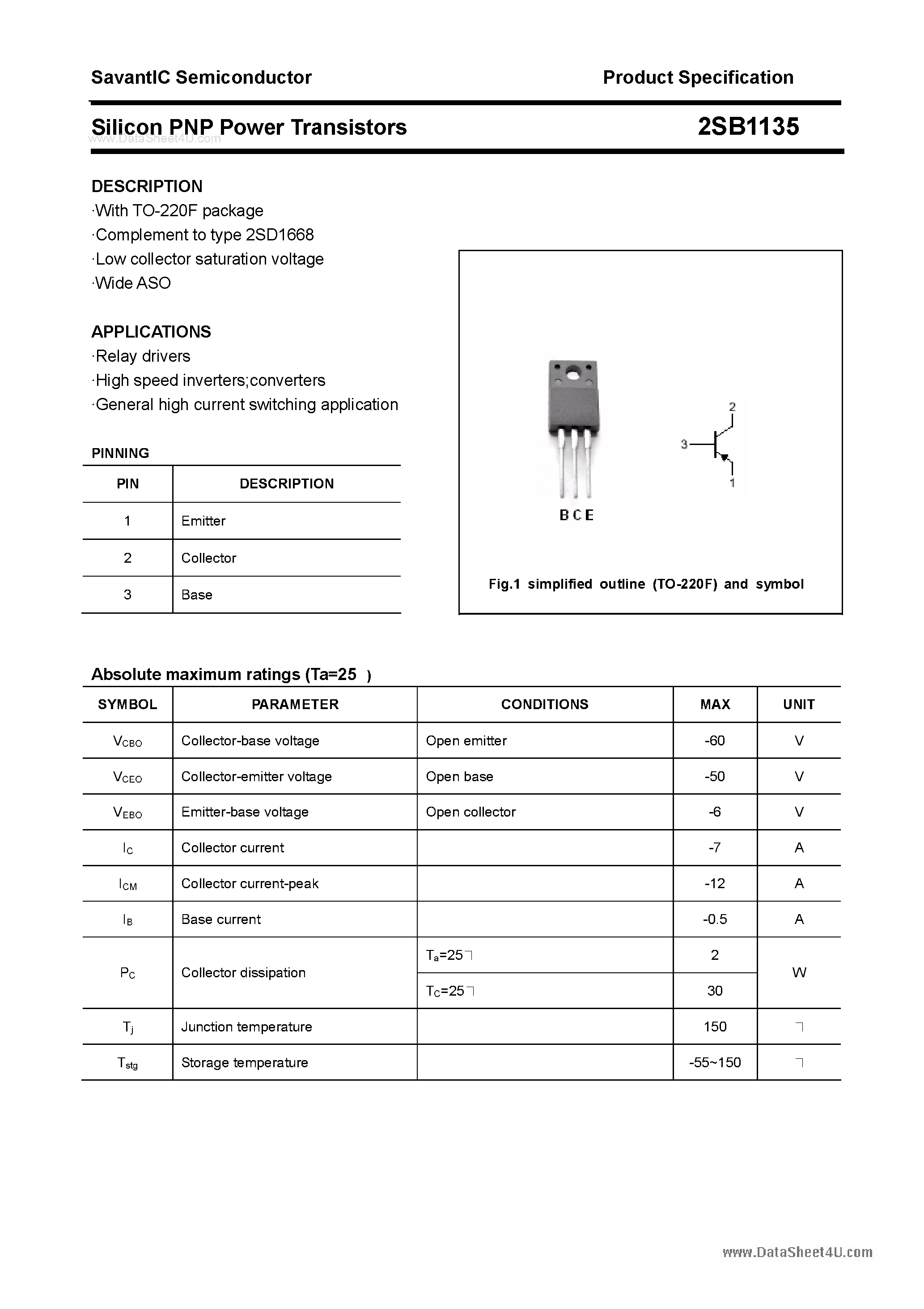 Datasheet 2SB1135 - SILICON POWER TRANSISTOR page 1
