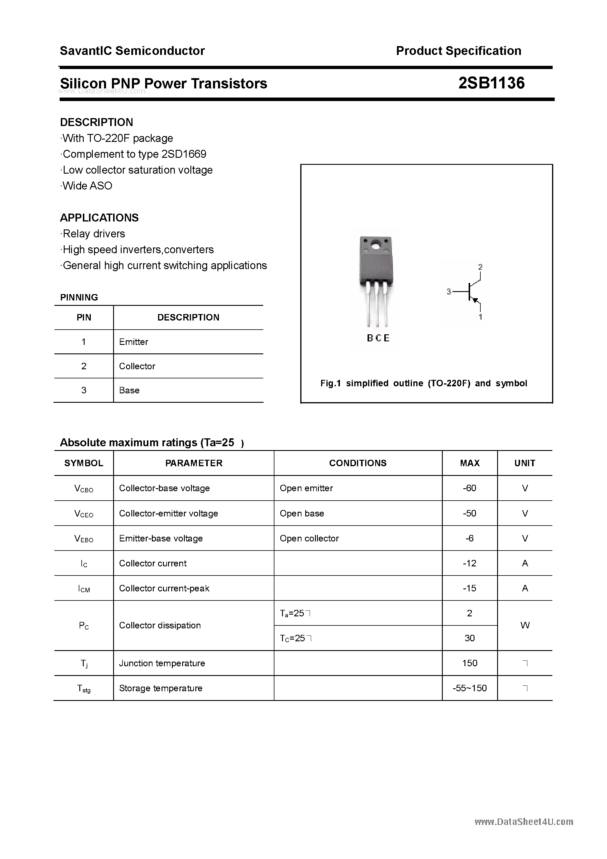 Datasheet 2SB1136 - SILICON POWER TRANSISTOR page 1