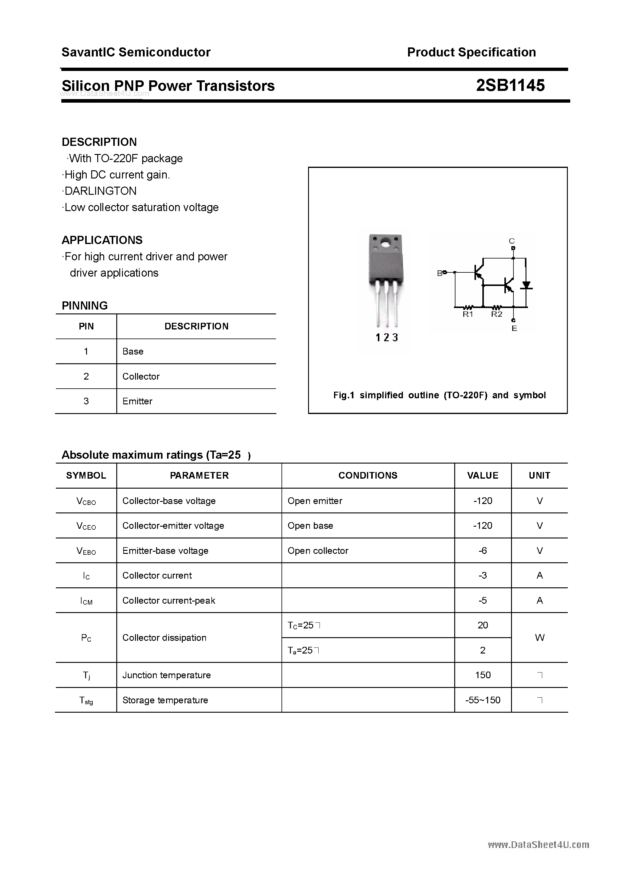 Datasheet 2SB1145 - SILICON POWER TRANSISTOR page 1