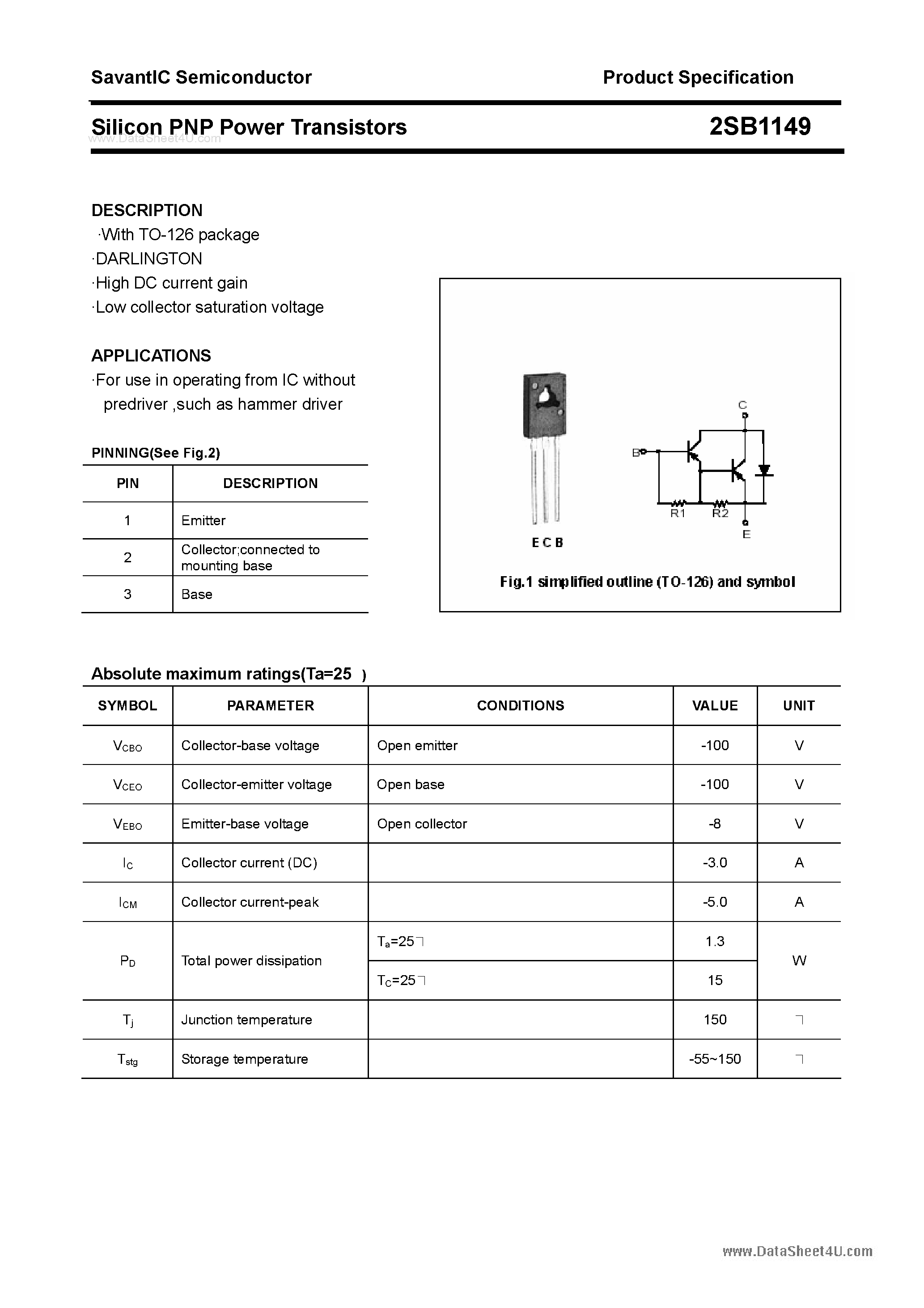 Datasheet 2SB1149 page 1 Datasheet 2SB1149 - SILICON POWER TRANSISTOR page 1