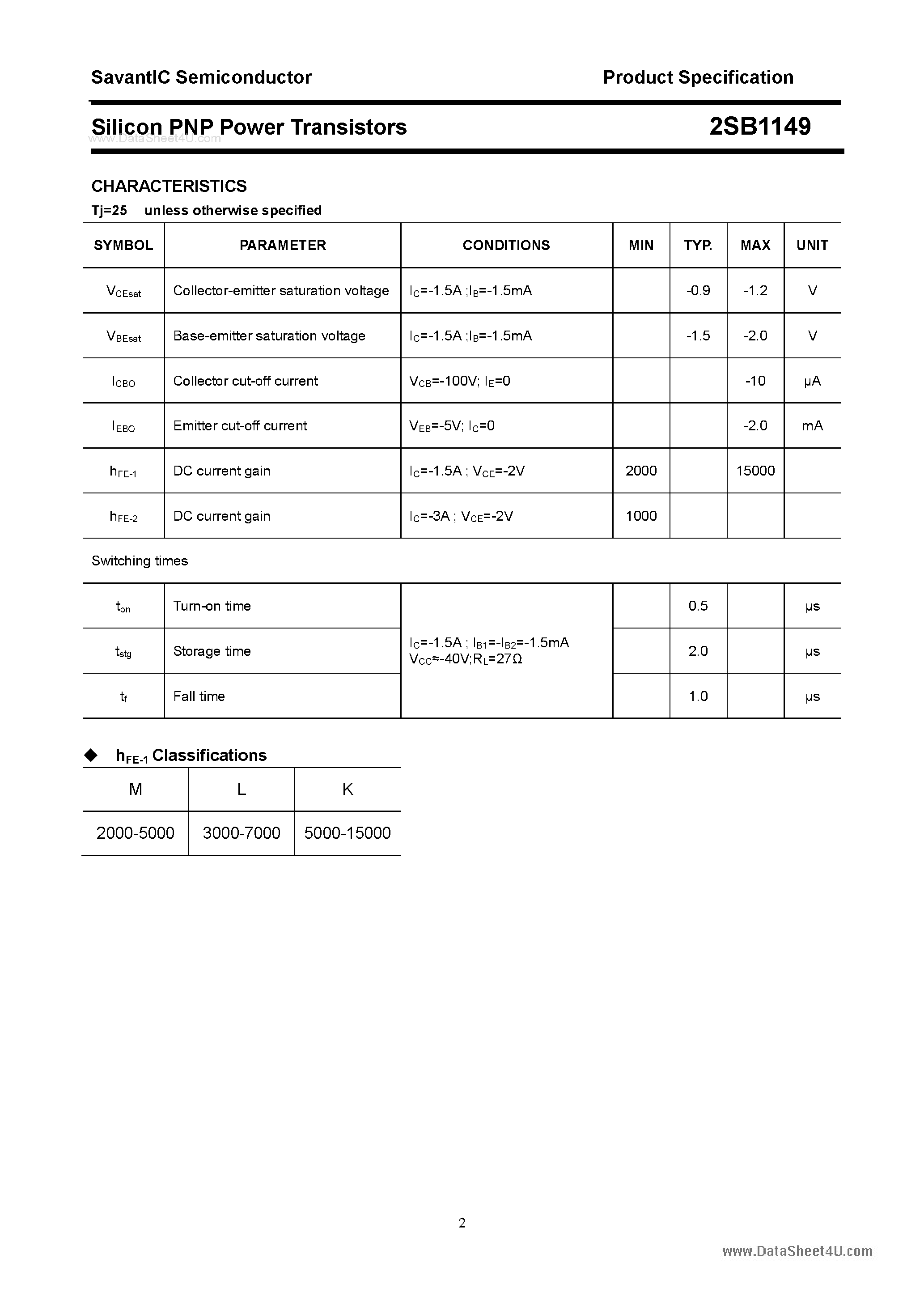 Datasheet 2SB1149 page 2 Datasheet 2SB1149 - SILICON POWER TRANSISTOR page 2