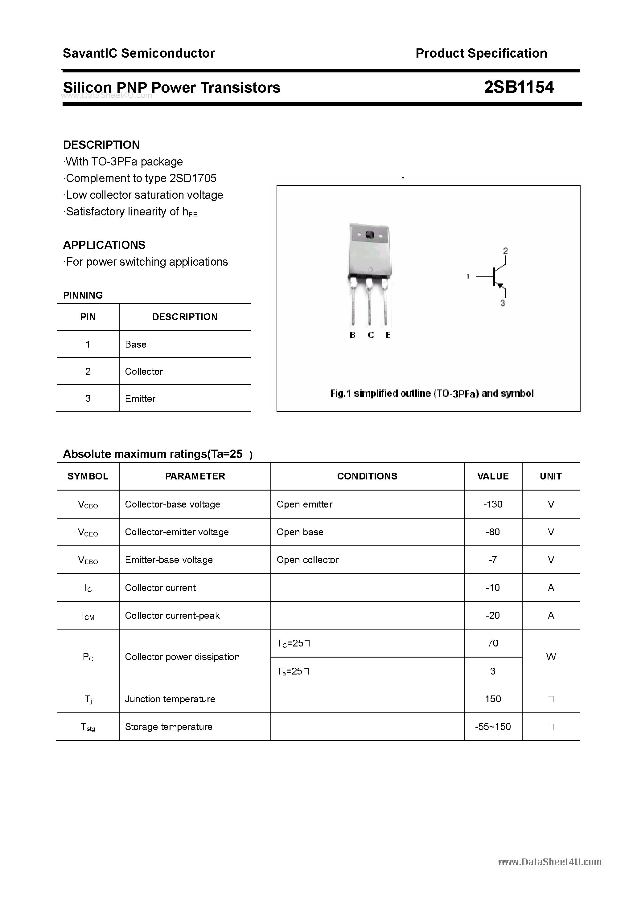 Datasheet 2SB1154 - SILICON POWER TRANSISTOR page 1
