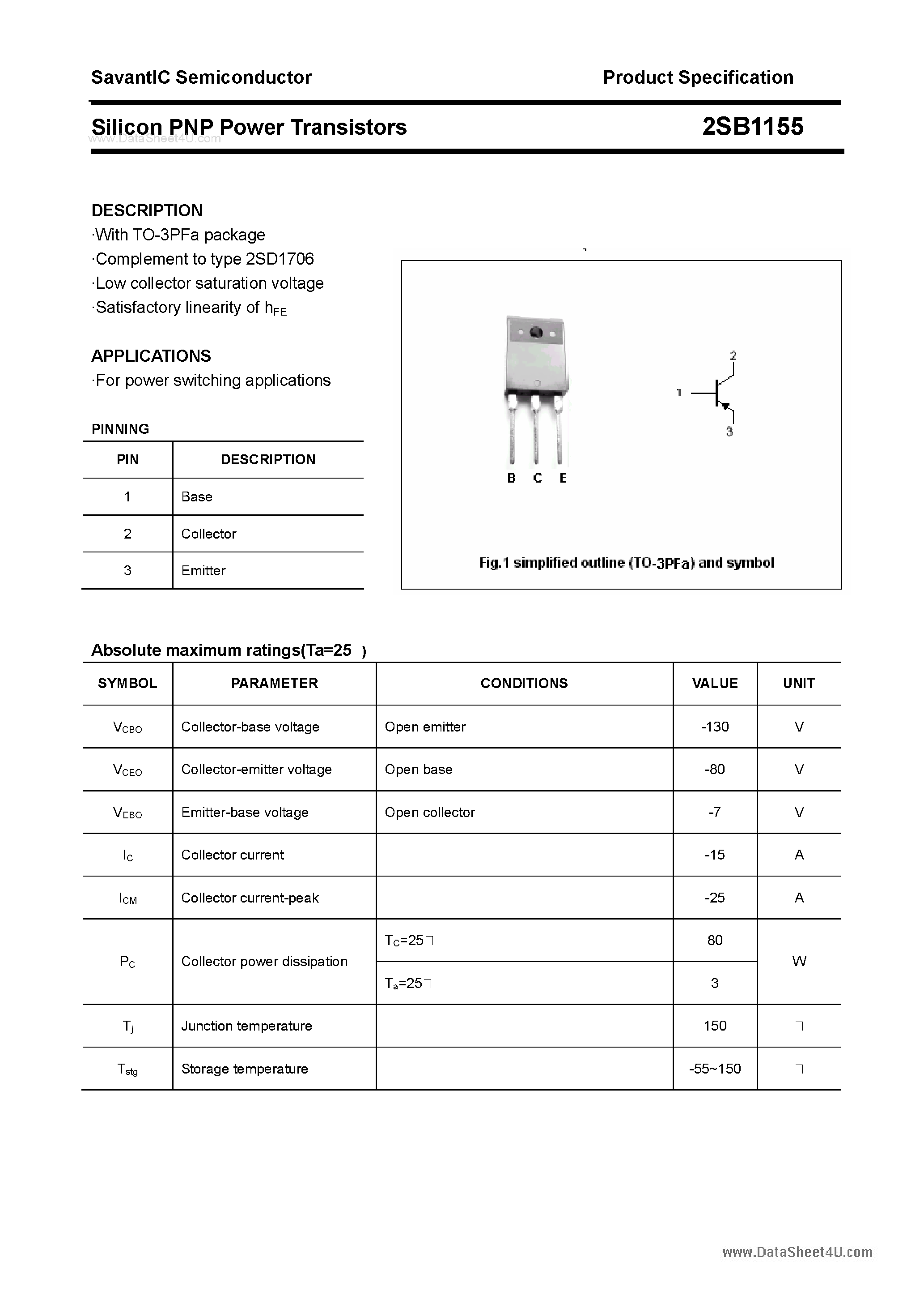 Datasheet 2SB1155 page 1 Datasheet 2SB1155 - SILICON POWER TRANSISTOR page 1