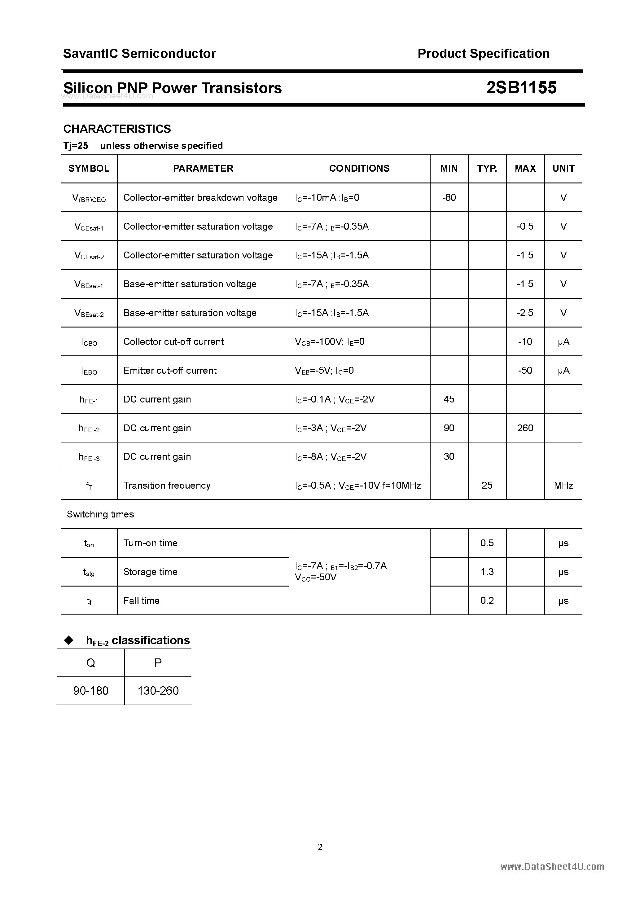 Datasheet 2SB1155 page 2 Datasheet 2SB1155 - SILICON POWER TRANSISTOR page 2