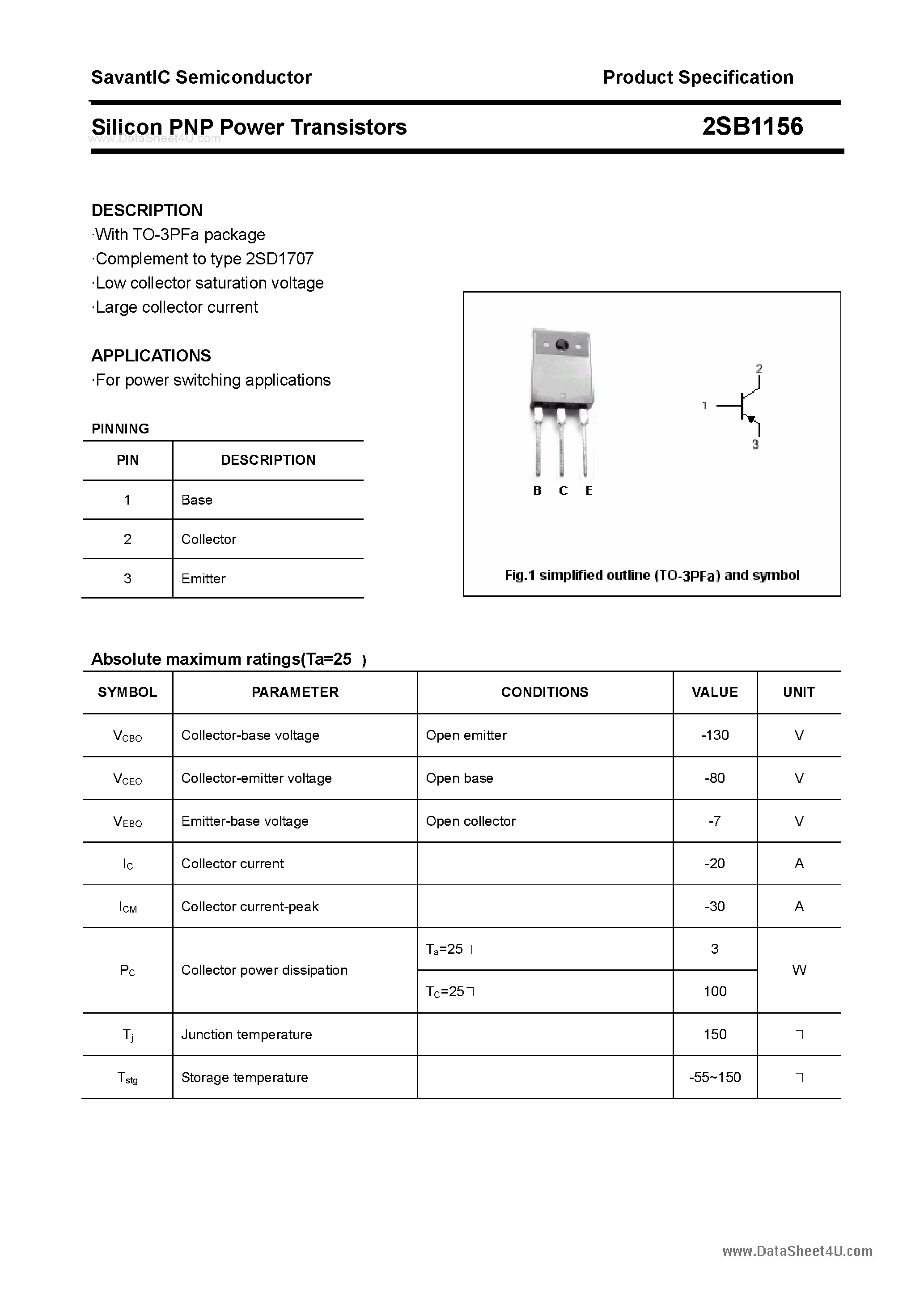 Datasheet 2SB1156 - SILICON POWER TRANSISTOR page 1