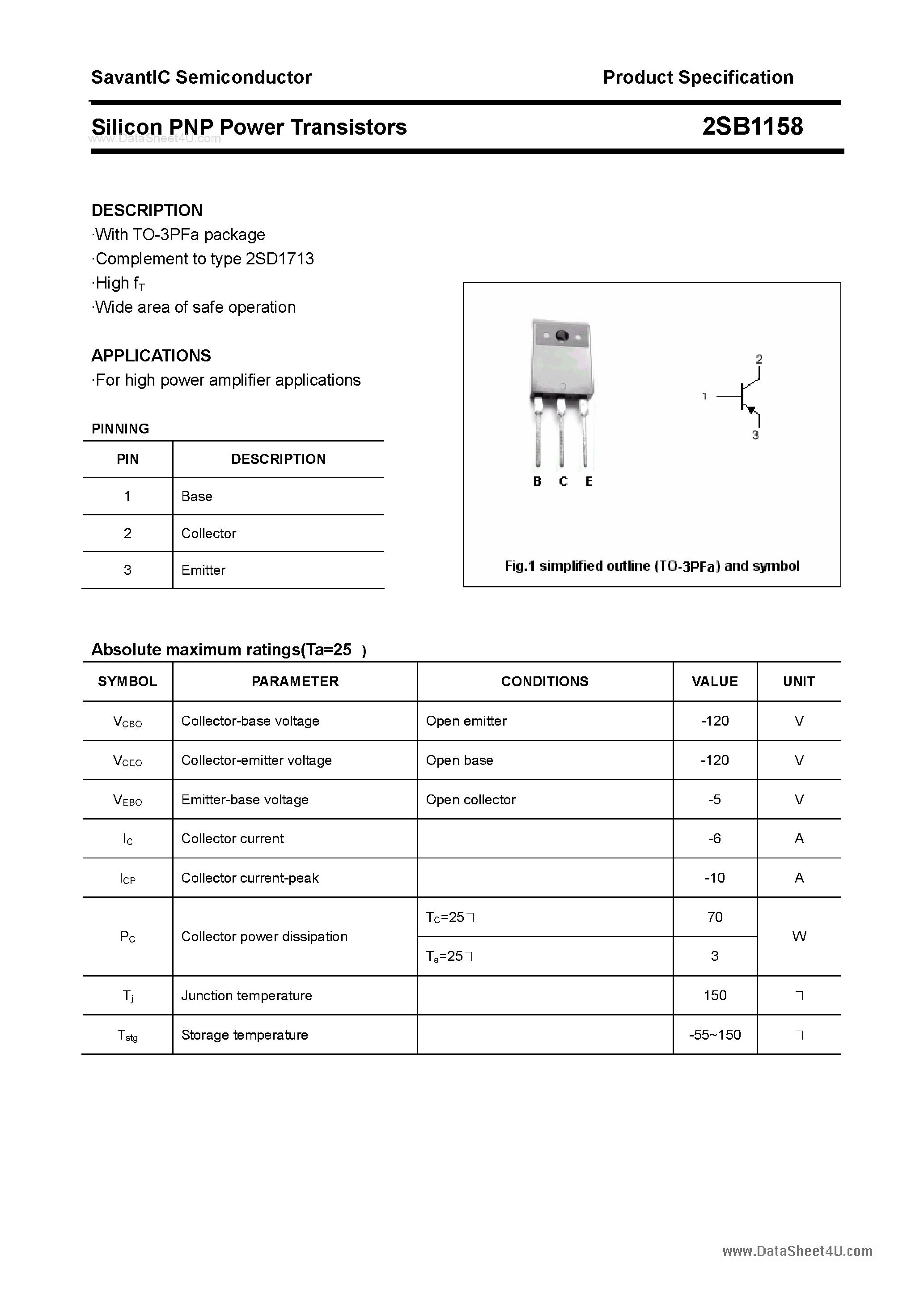 Datasheet 2SB1158 - SILICON POWER TRANSISTOR page 1