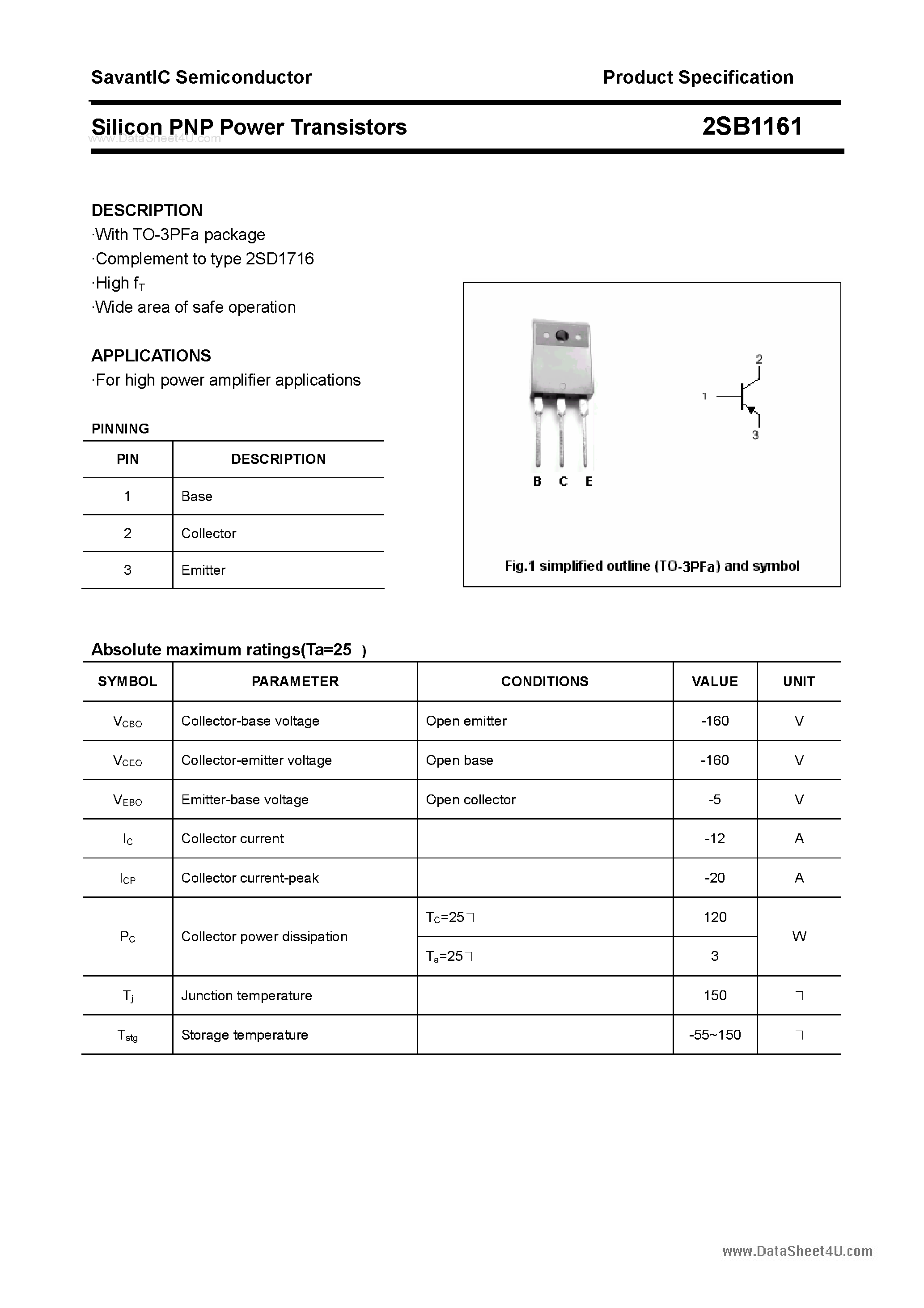 Datasheet 2SB1161 - SILICON POWER TRANSISTOR page 1