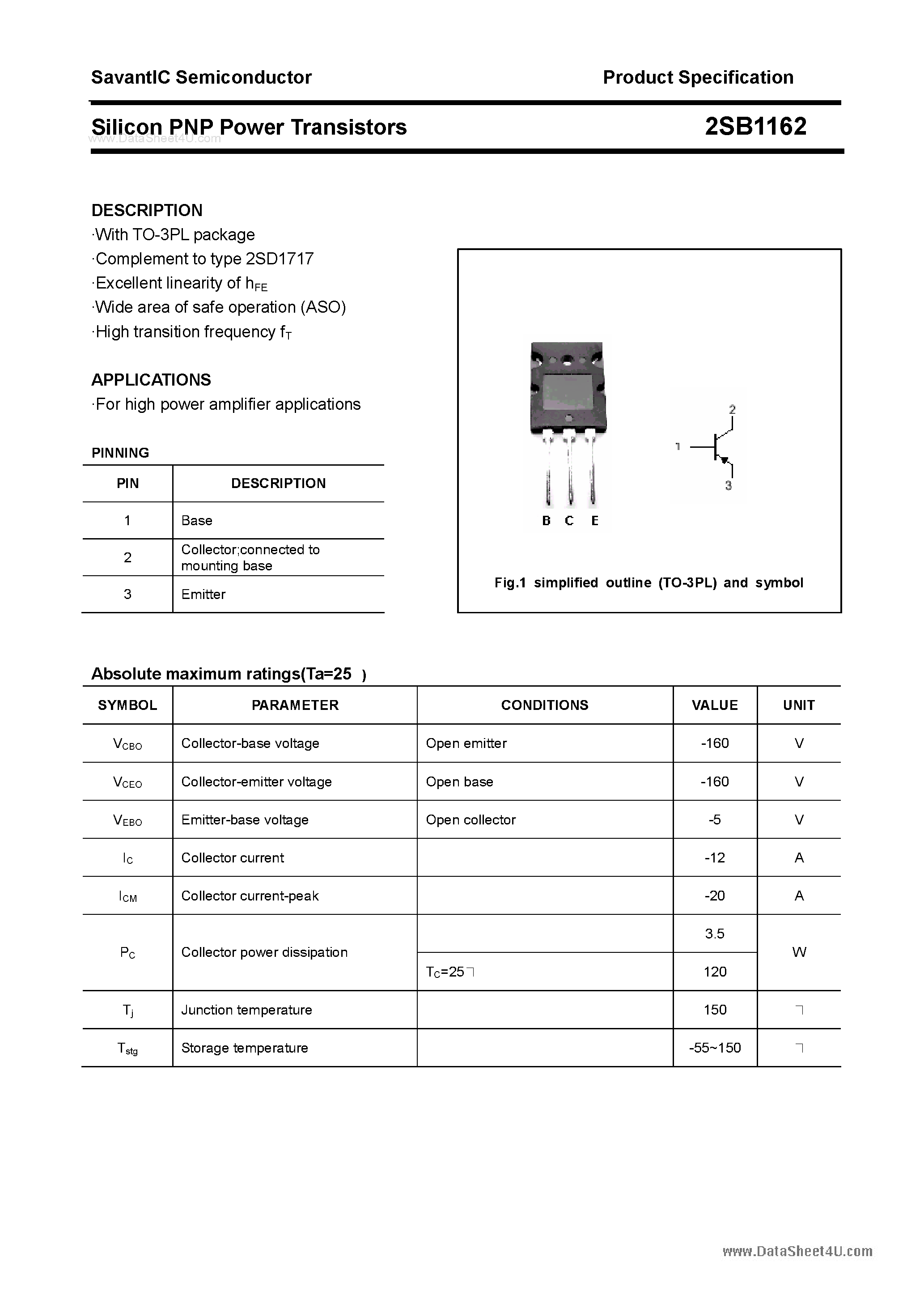 Datasheet 2SB1162 - SILICON POWER TRANSISTOR page 1