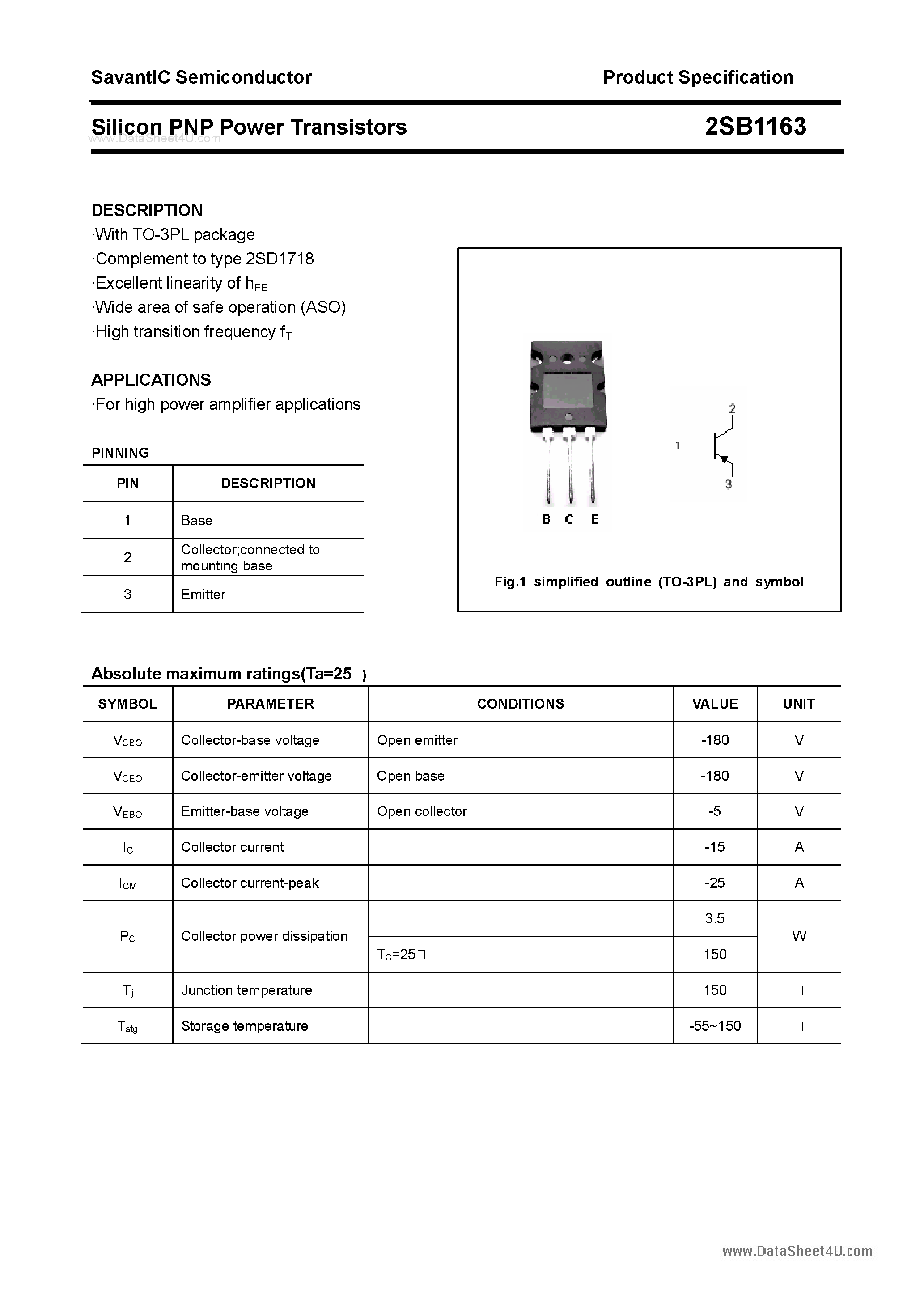Datasheet 2SB1163 - SILICON POWER TRANSISTOR page 1
