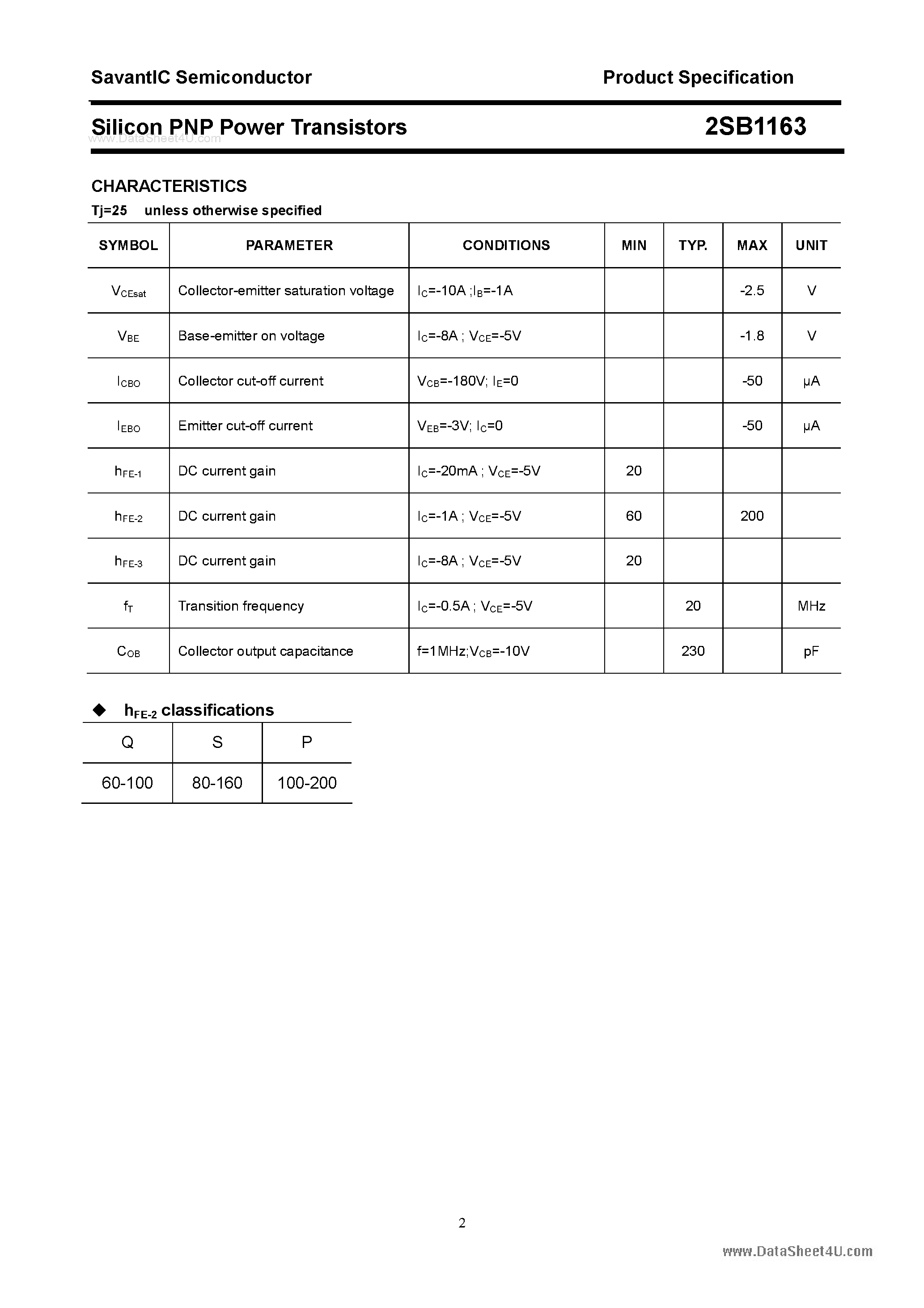 Datasheet 2SB1163 - SILICON POWER TRANSISTOR page 2