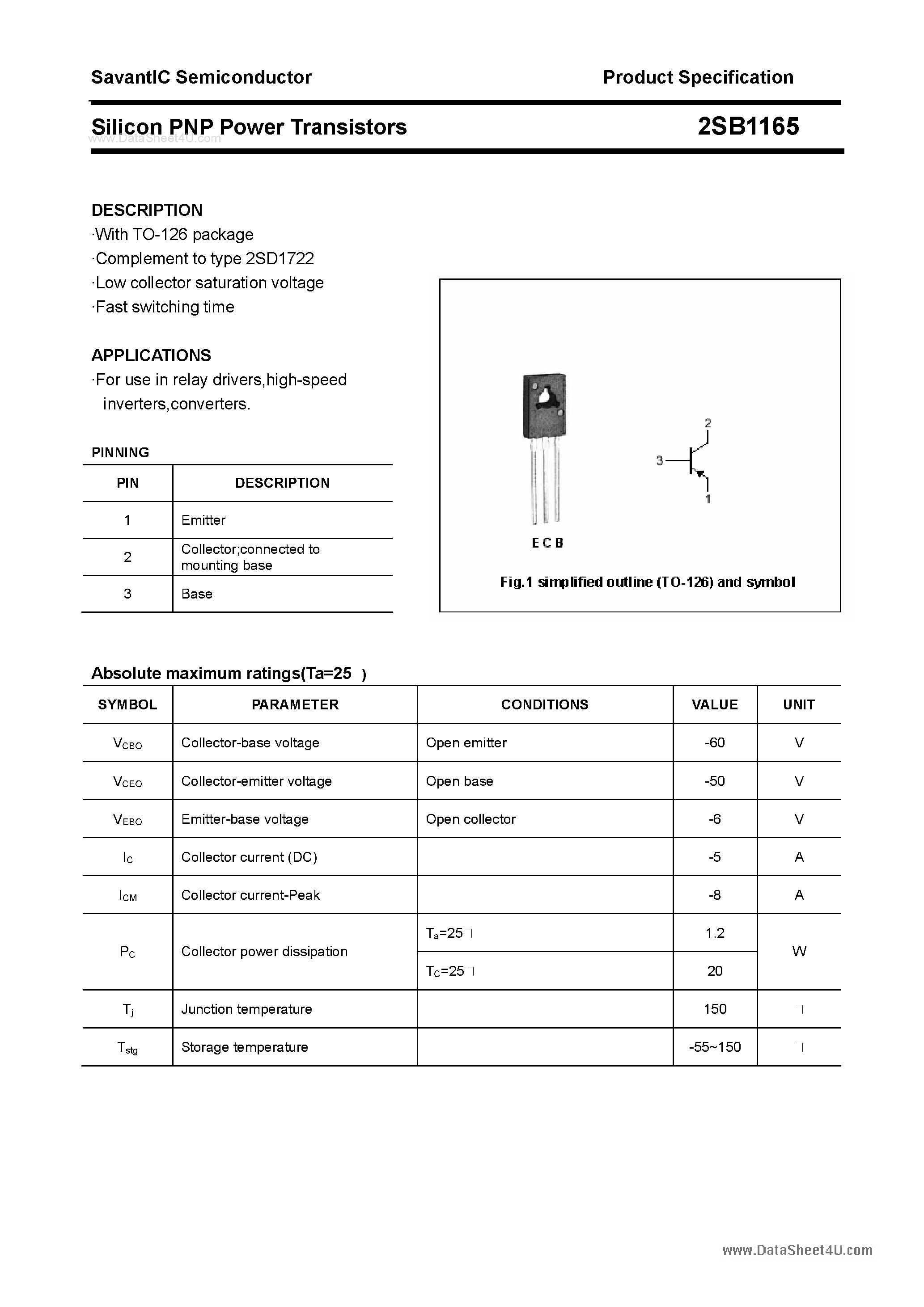 Datasheet 2SB1165 - SILICON POWER TRANSISTOR page 1