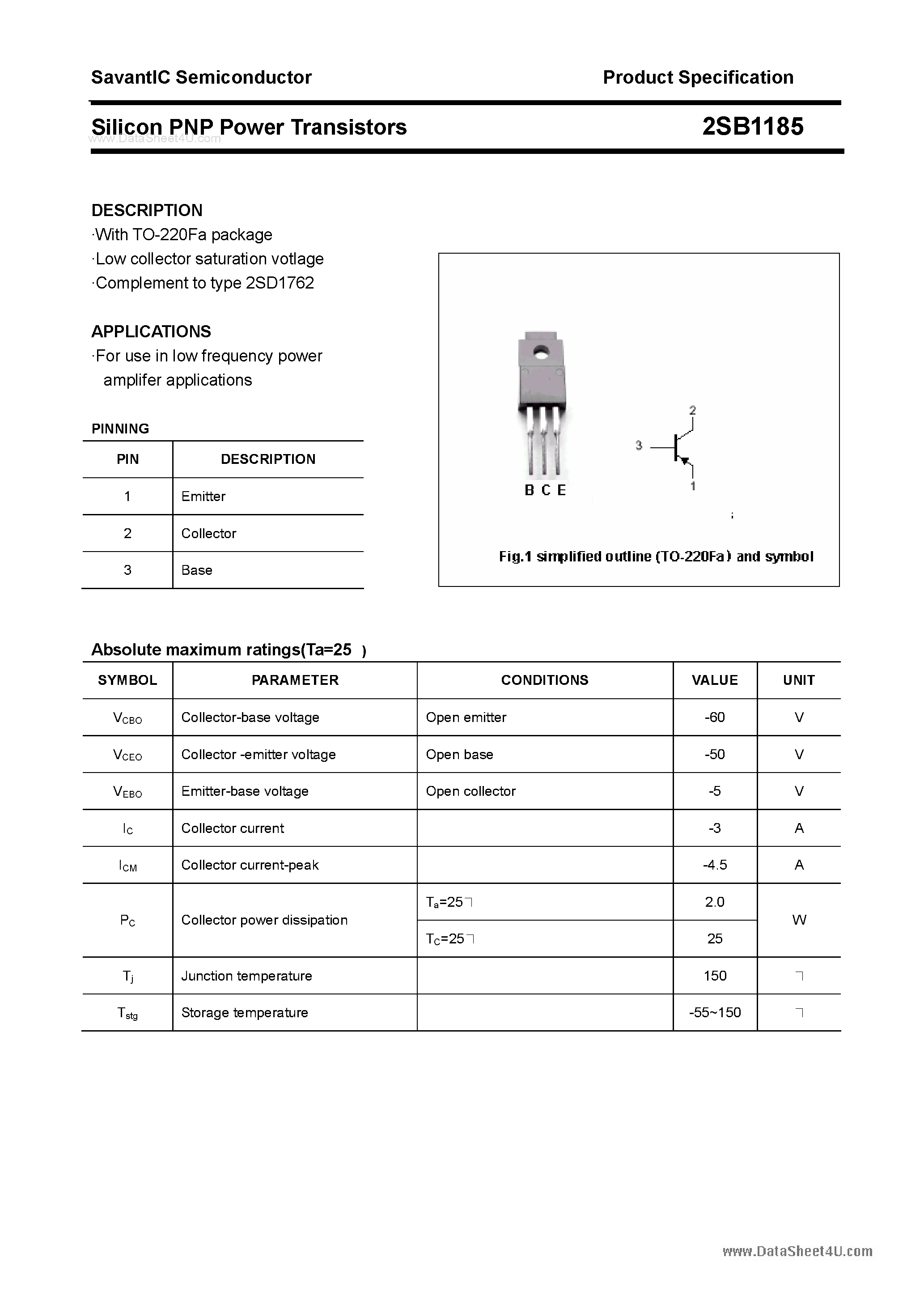 Datasheet 2SB1185 page 1 Datasheet 2SB1185 - SILICON POWER TRANSISTOR page 1
