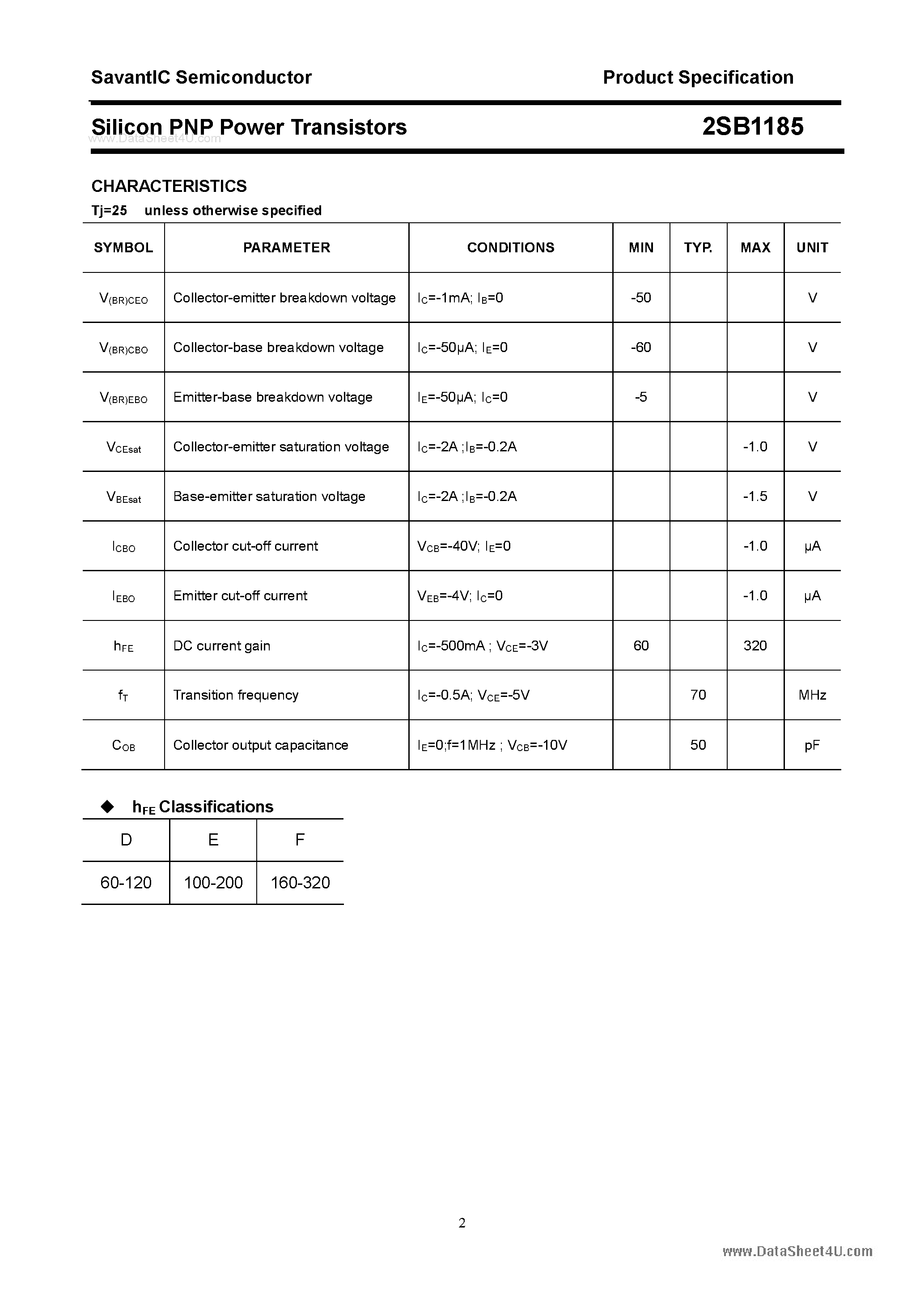 Datasheet 2SB1185 page 2 Datasheet 2SB1185 - SILICON POWER TRANSISTOR page 2