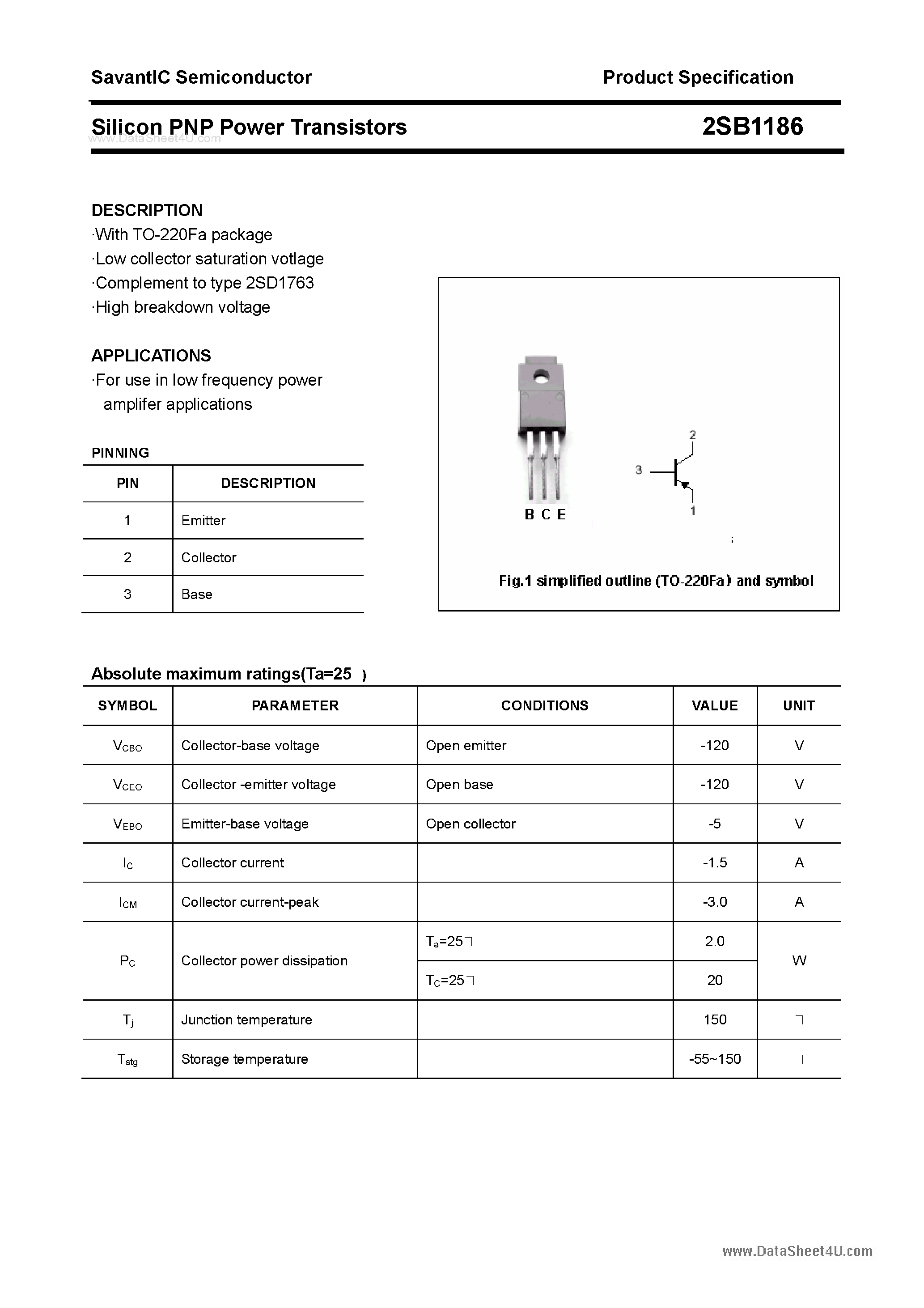 Datasheet 2SB1186 page 1 Datasheet 2SB1186 - SILICON POWER TRANSISTOR page 1