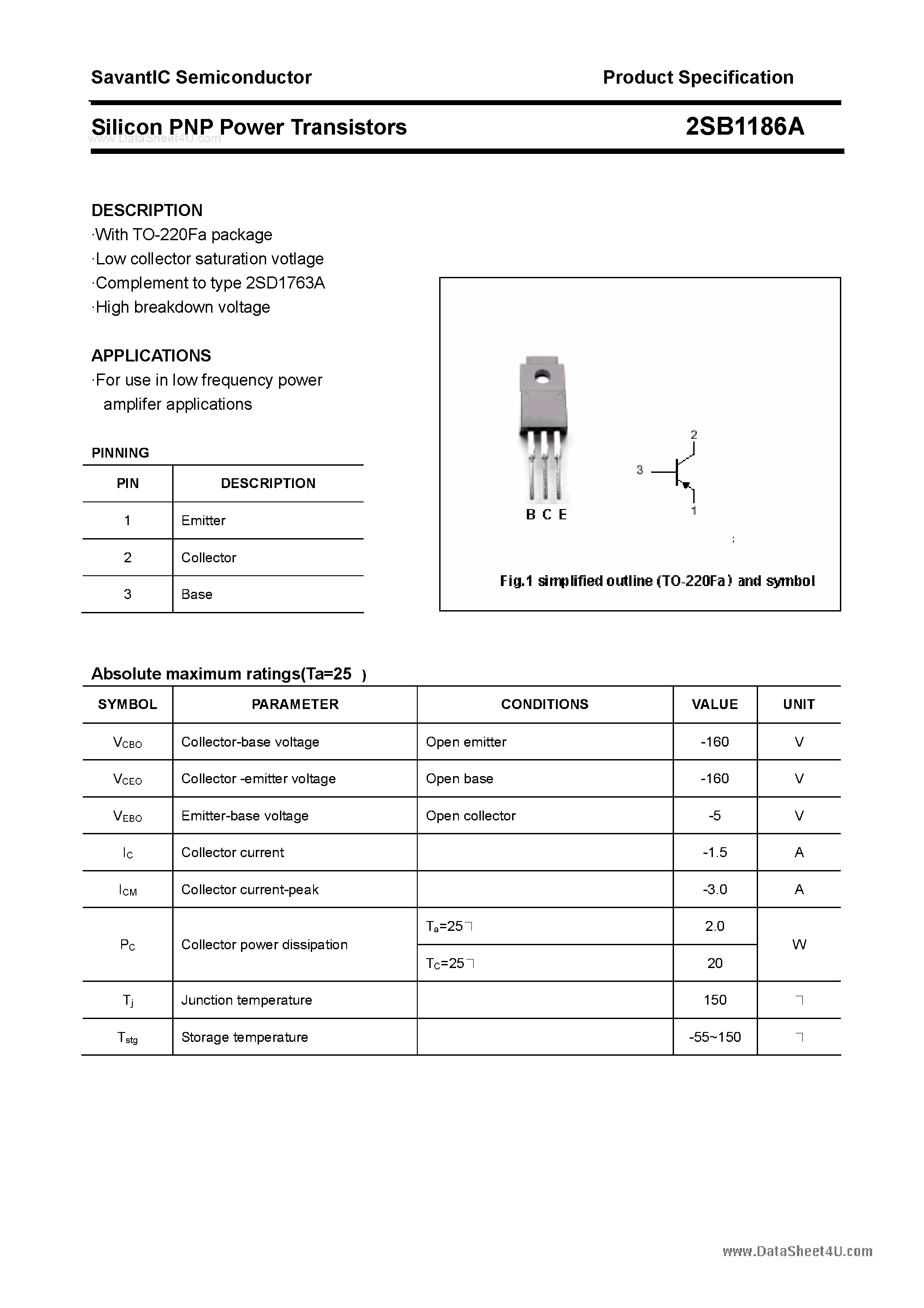 Datasheet 2SB1186A page 1 Datasheet 2SB1186A - SILICON POWER TRANSISTOR page 1