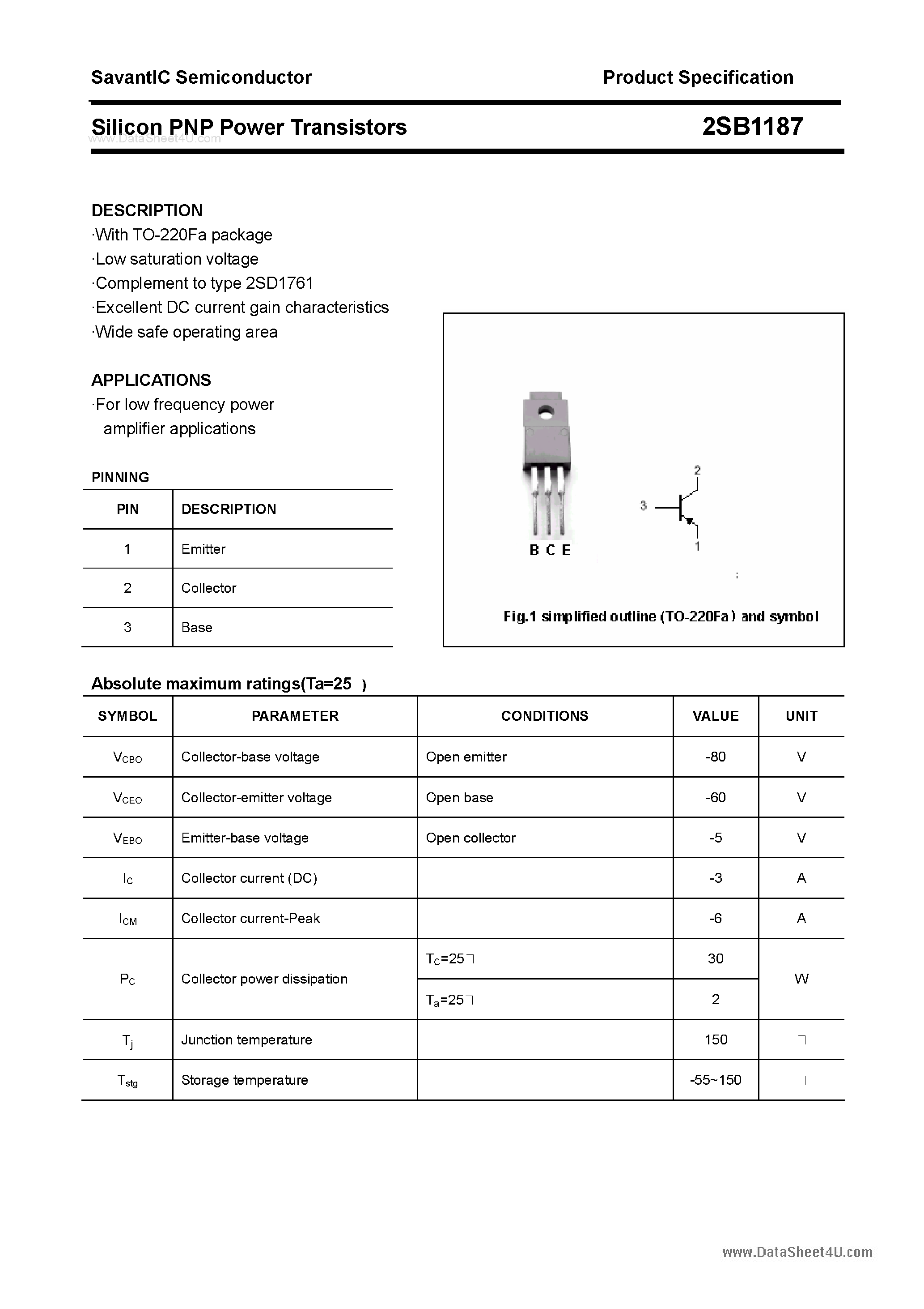 Datasheet 2SB1187 page 1 Datasheet 2SB1187 - SILICON POWER TRANSISTOR page 1