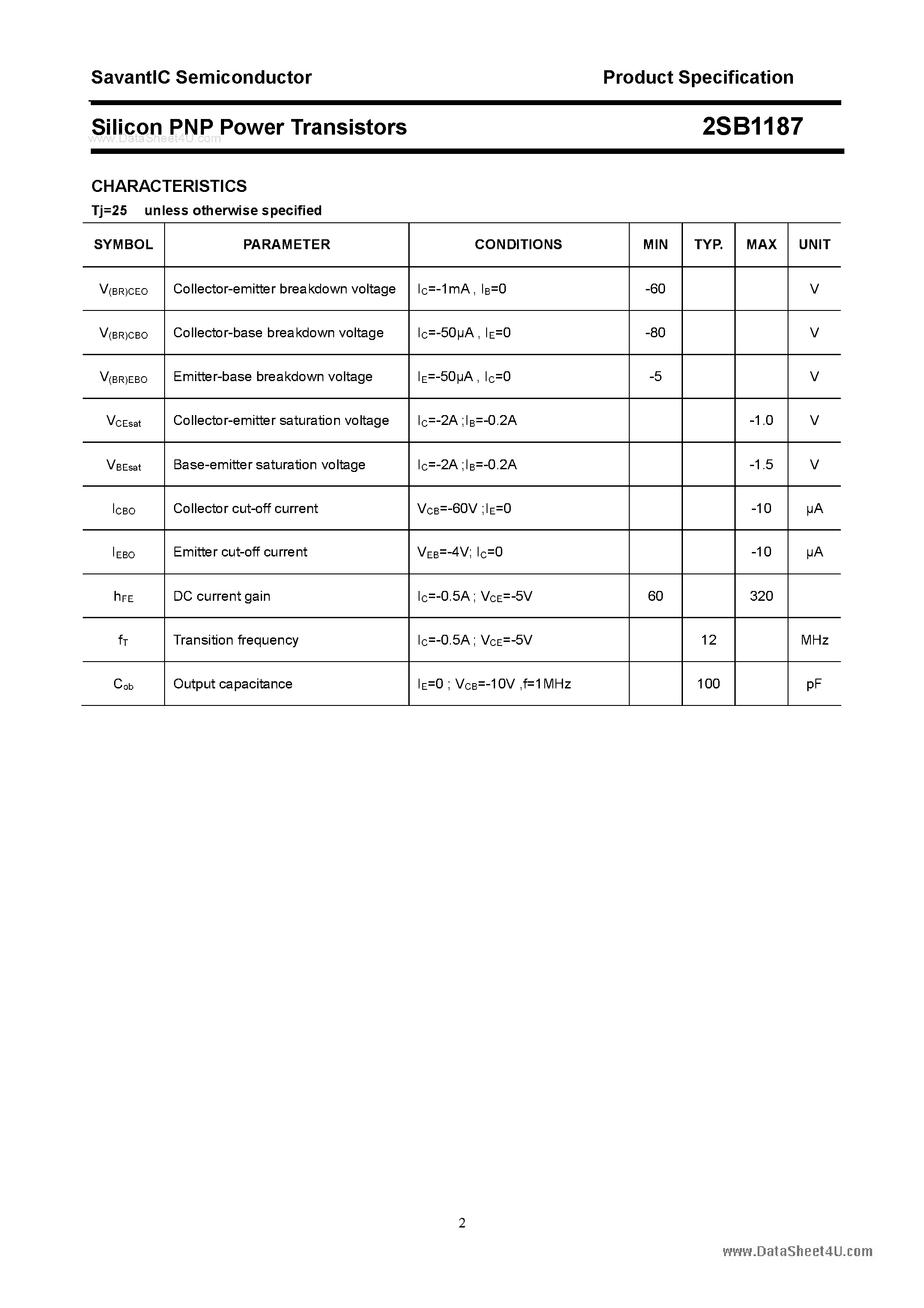 Datasheet 2SB1187 page 2 Datasheet 2SB1187 - SILICON POWER TRANSISTOR page 2