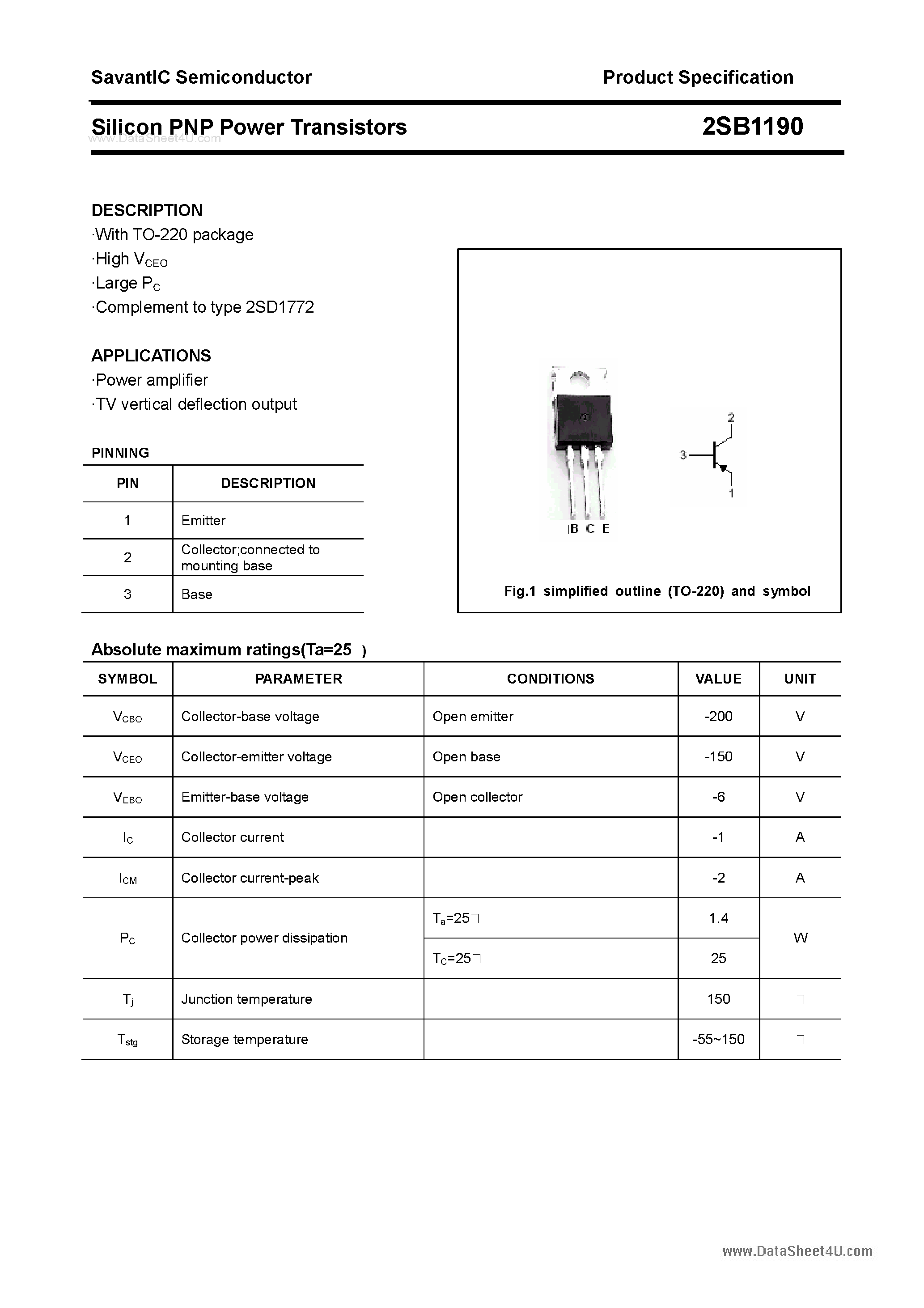 Datasheet 2SB1190 - SILICON POWER TRANSISTOR page 1