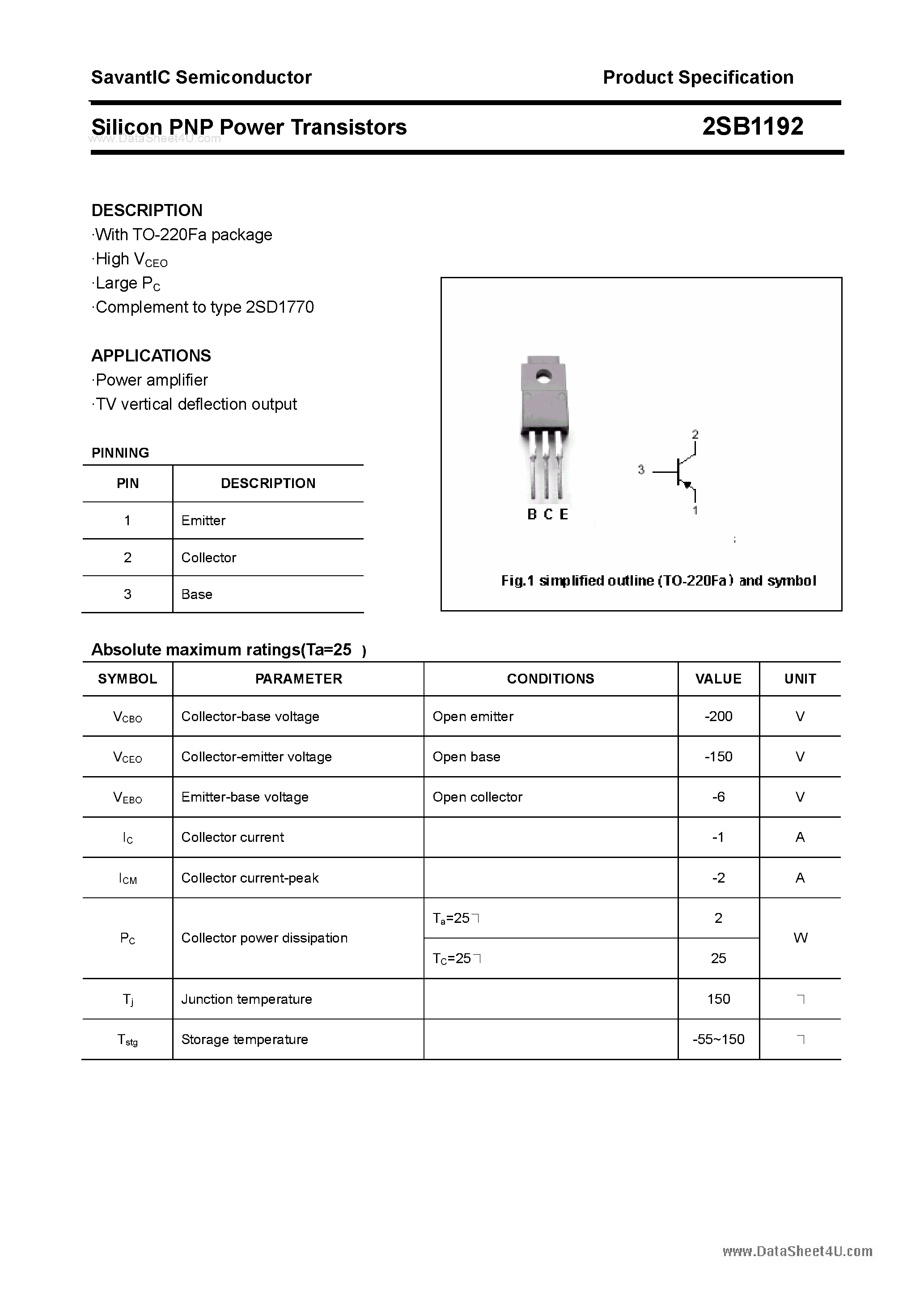 Datasheet 2SB1192 - SILICON POWER TRANSISTOR page 1