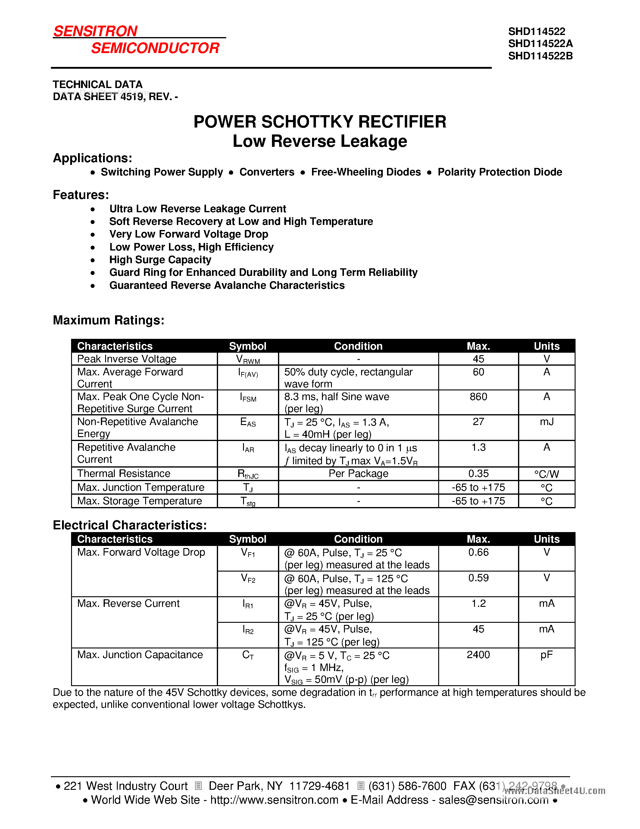 Datasheet SHD114522 page 1 Datasheet SHD114522 - POWER SCHOTTKY RECTIFIER LOW REVERSE LEAKAGE page 1