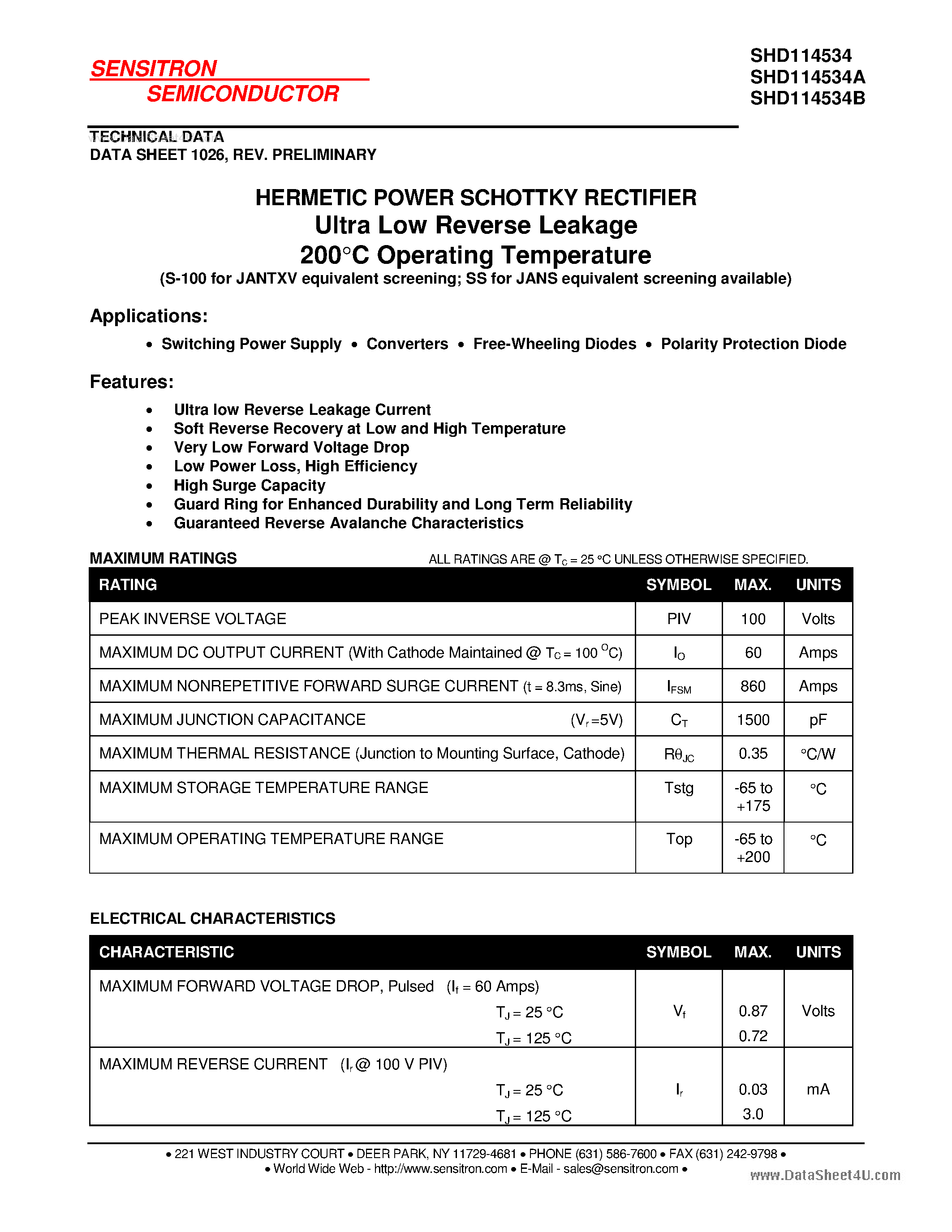 Datasheet SHD114534 page 1 Datasheet SHD114534 - HERMETIC POWER SCHOTTKY RECTIFIER page 1