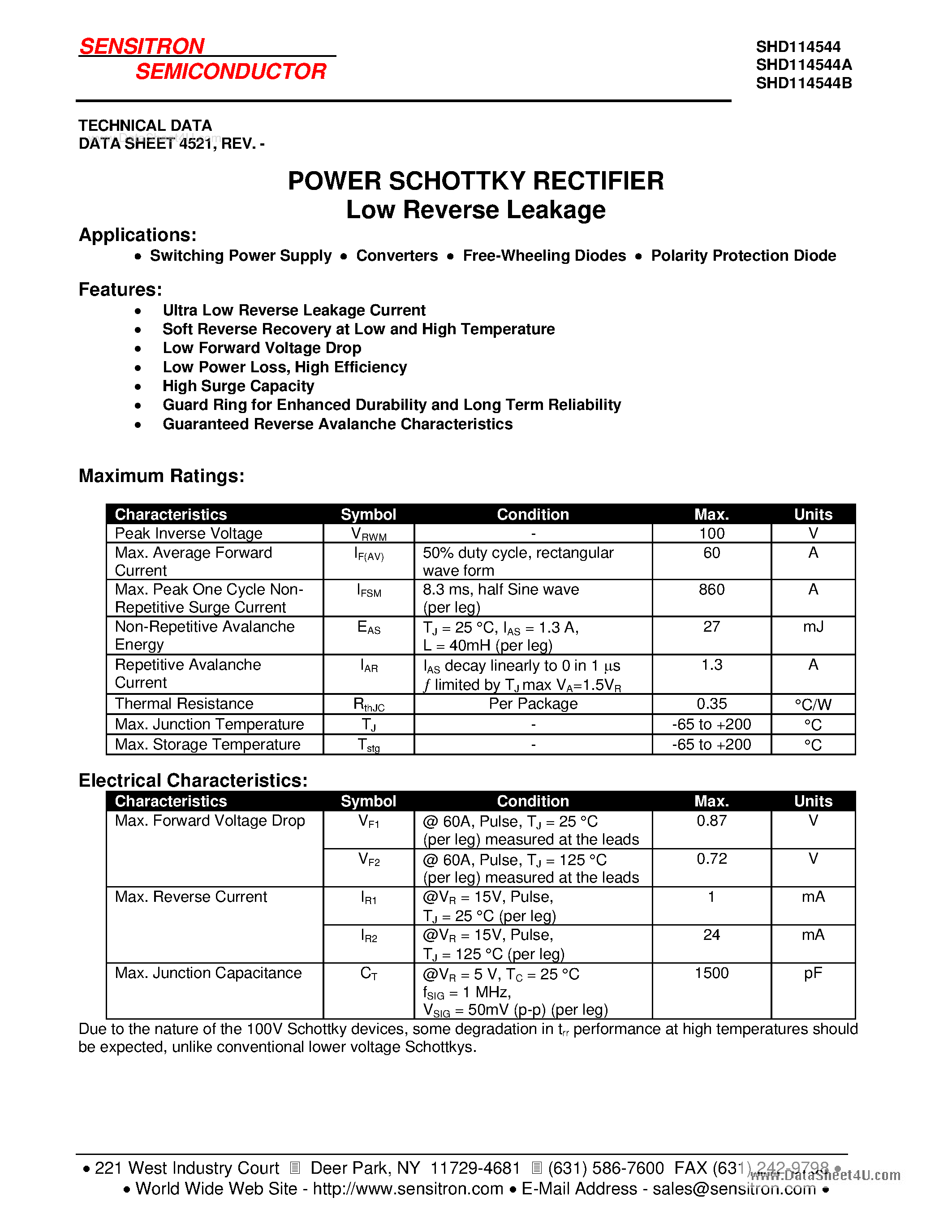 Datasheet SHD114544 - POWER SCHOTTKY RECTIFIER page 1