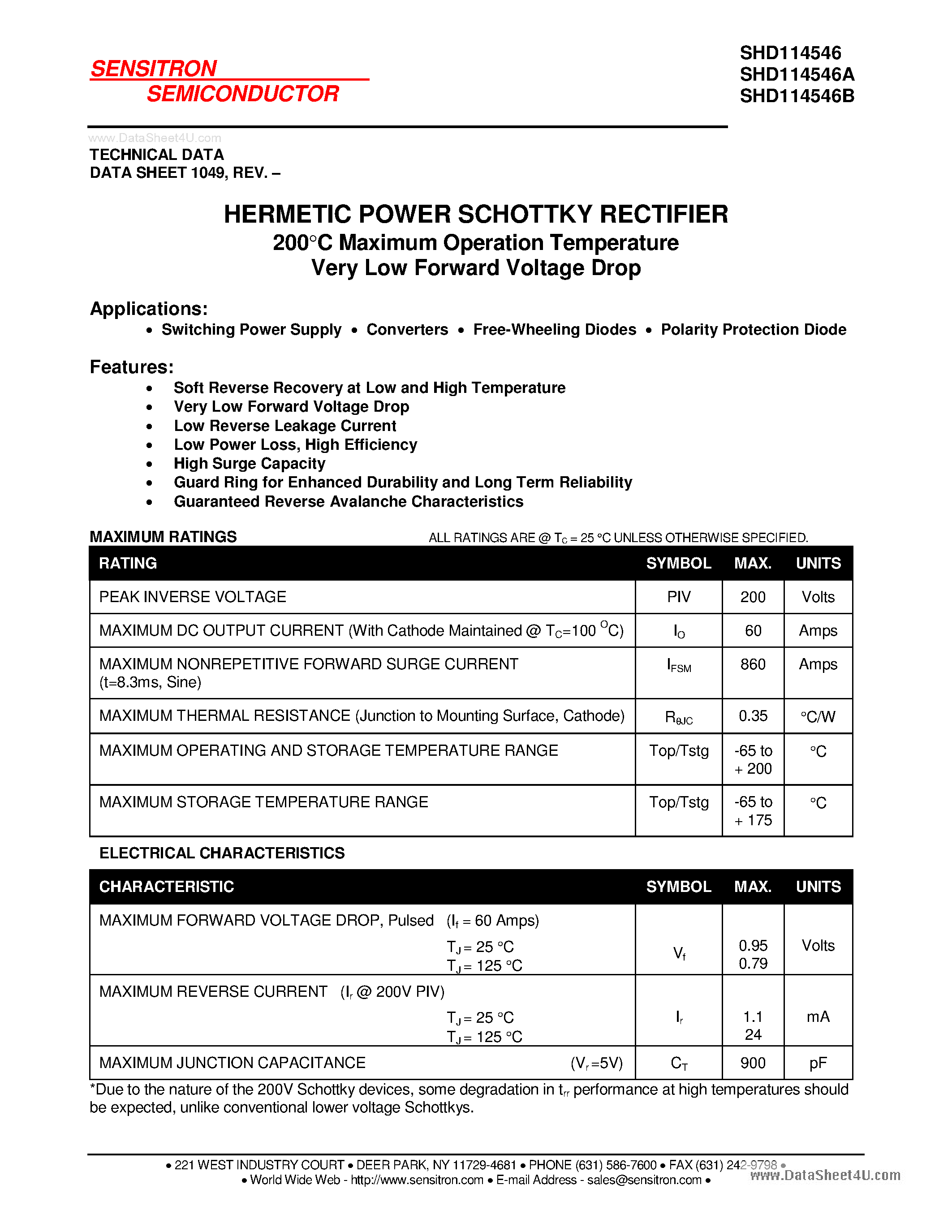 Datasheet SHD114546 page 1 Datasheet SHD114546 - HERMETIC POWER SCHOTTKY RECTIFIER page 1