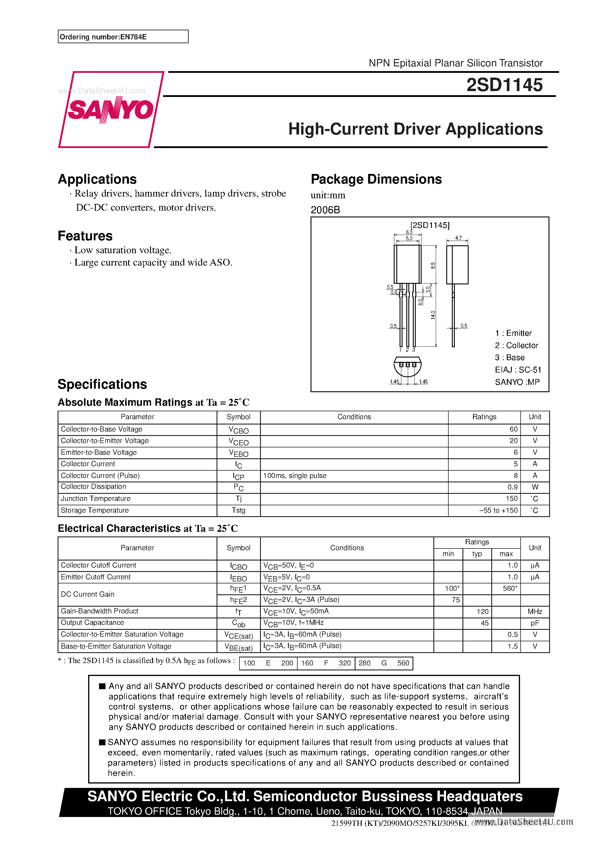 Datasheet D1145 page 1 Datasheet D1145 - Search -----> 2SD1145 page 1