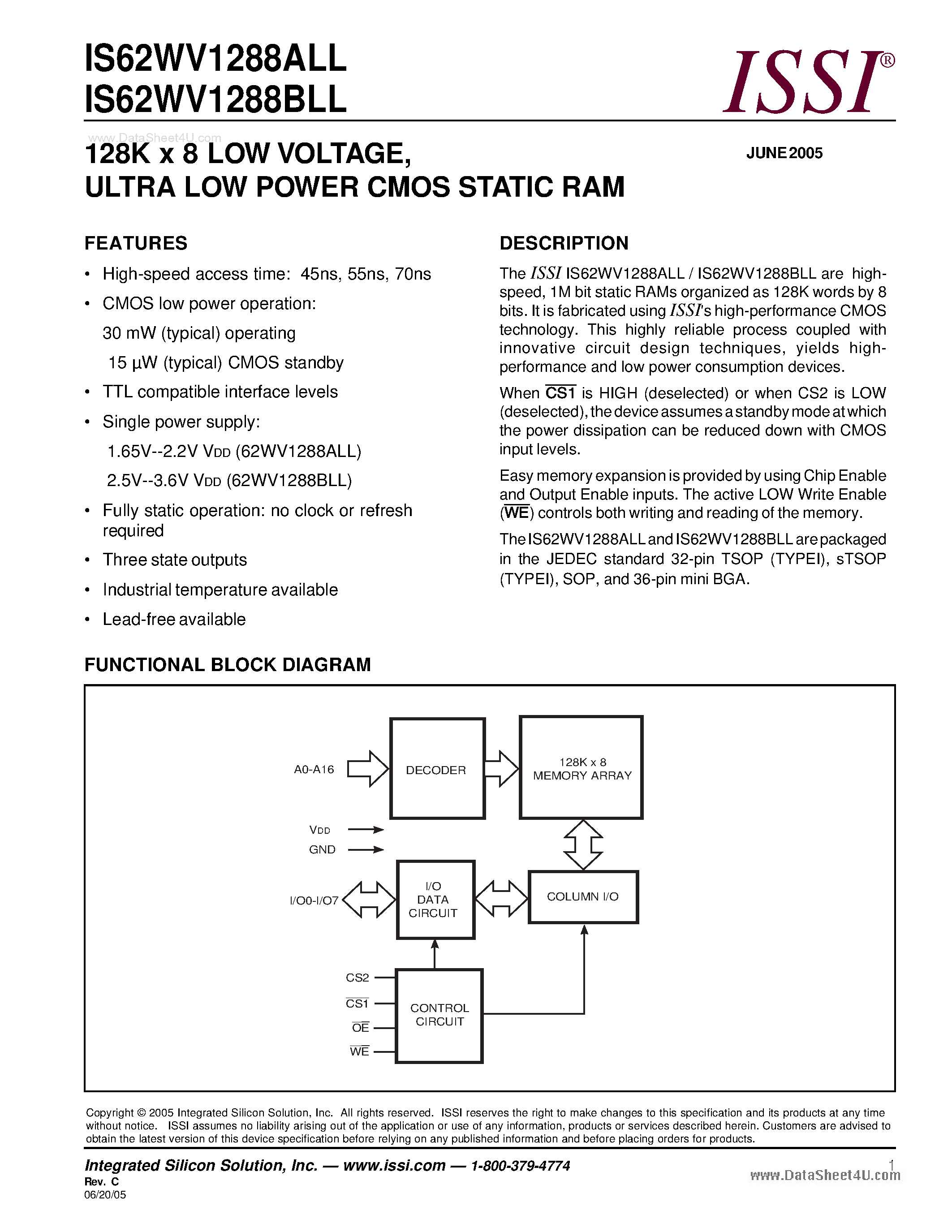 Даташит на микросхему IS62WV1288ALL страница 1 Даташит IS62WV1288ALL - ULTRA LOW POWER CMOS STATIC RAM страница 1