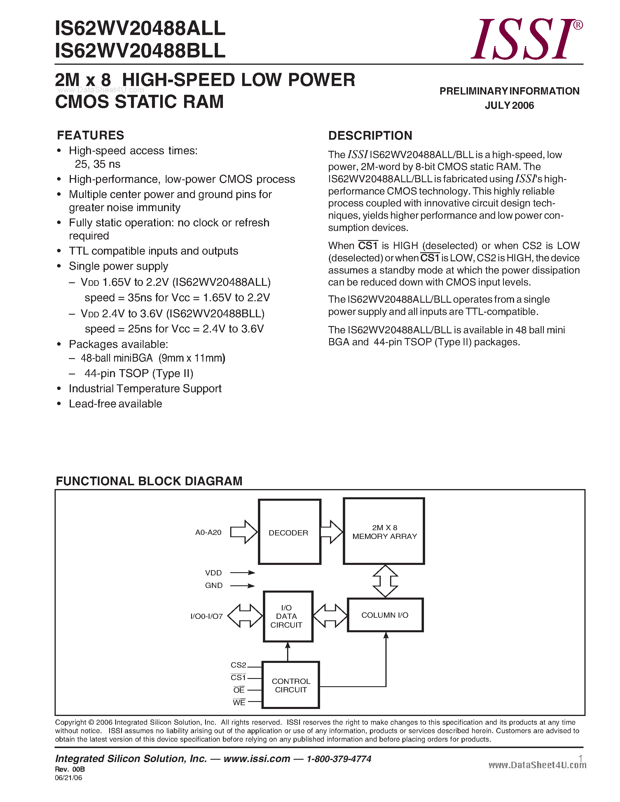 Даташит IS62WV20488ALL - 2M x 8 HIGH-SPEED LOW POWER CMOS STATIC RAM страница 1