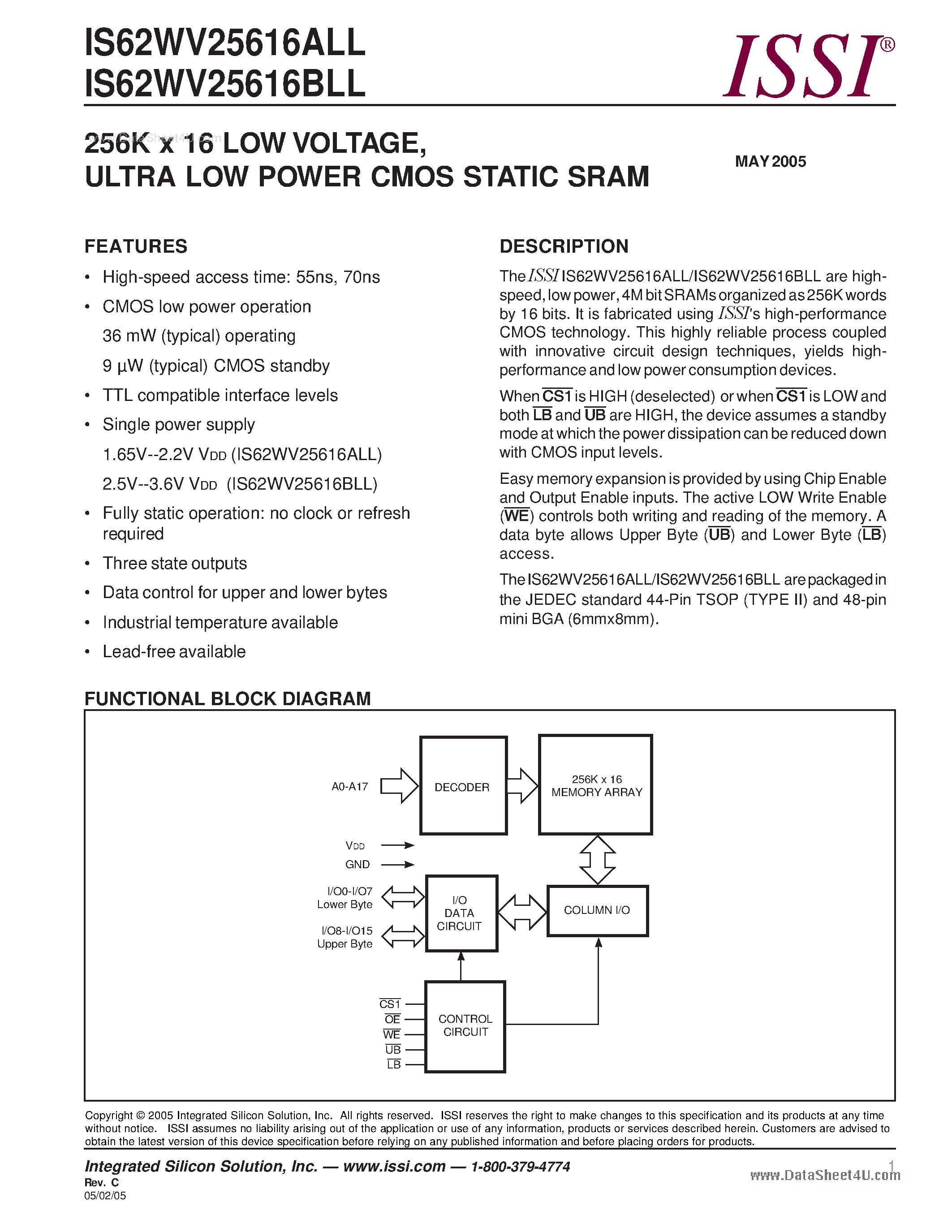 Даташит на микросхему IS62WV25616ALL страница 1 Даташит IS62WV25616ALL - ULTRA LOW POWER CMOS STATIC RAM страница 1