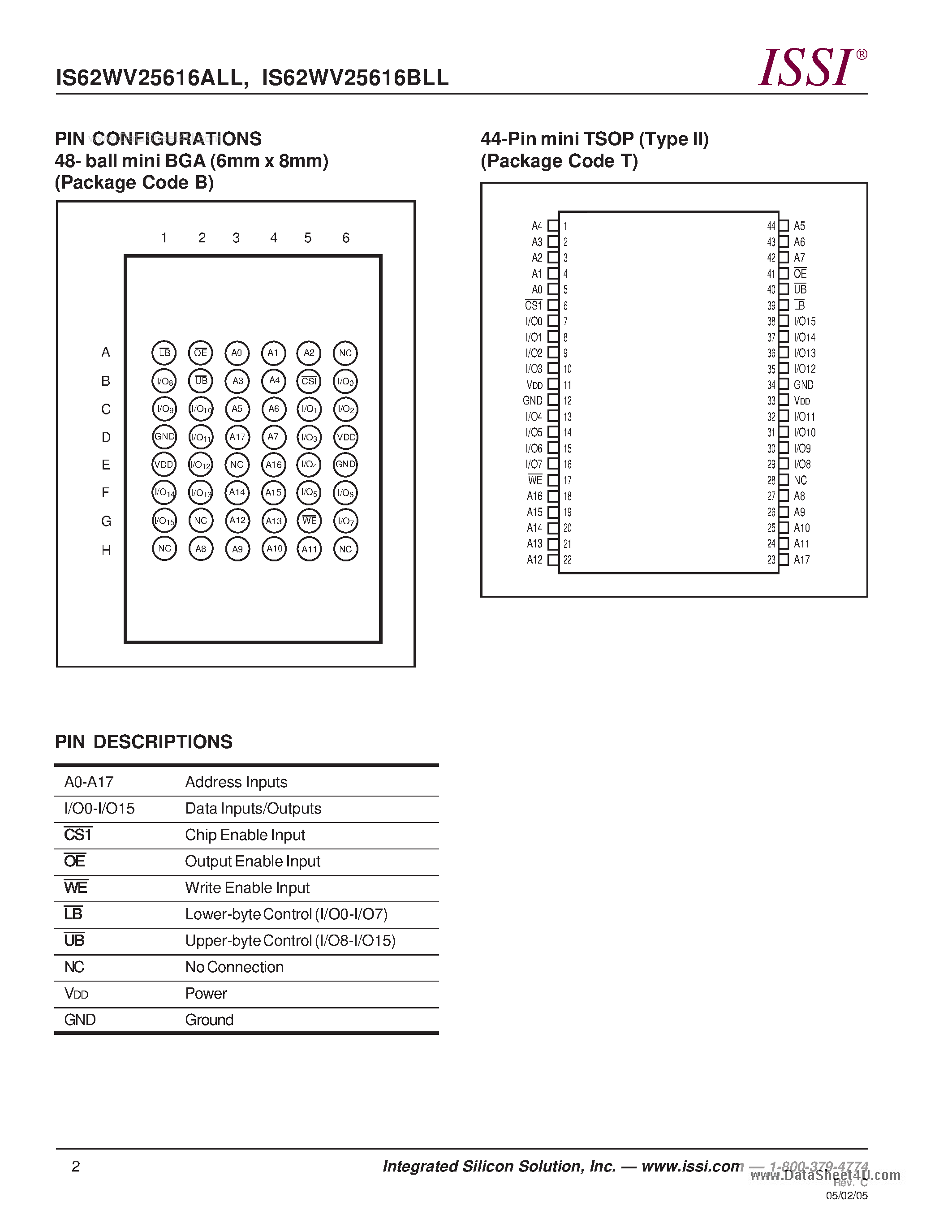 Даташит на микросхему IS62WV25616ALL страница 2 Даташит IS62WV25616ALL - ULTRA LOW POWER CMOS STATIC RAM страница 2