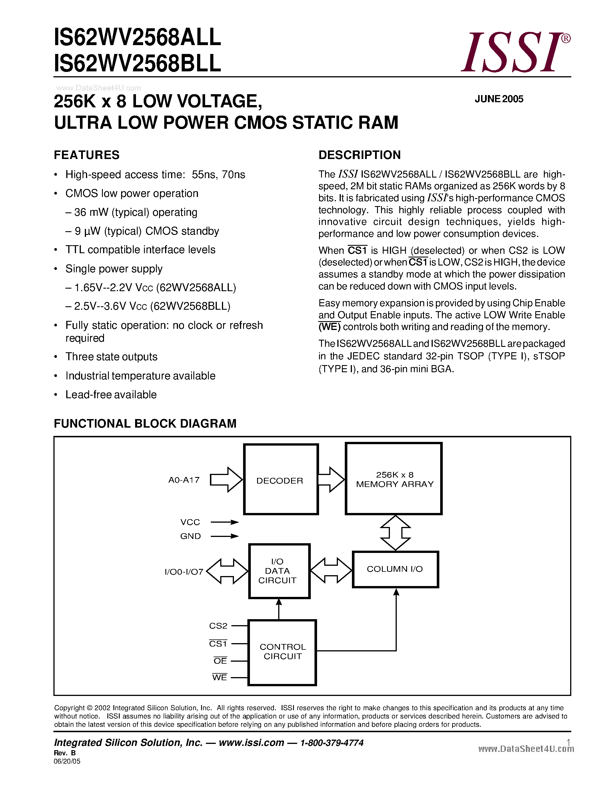 Даташит на микросхему IS62WV2568ALL страница 1 Даташит IS62WV2568ALL - ULTRA LOW POWER CMOS STATIC RAM страница 1