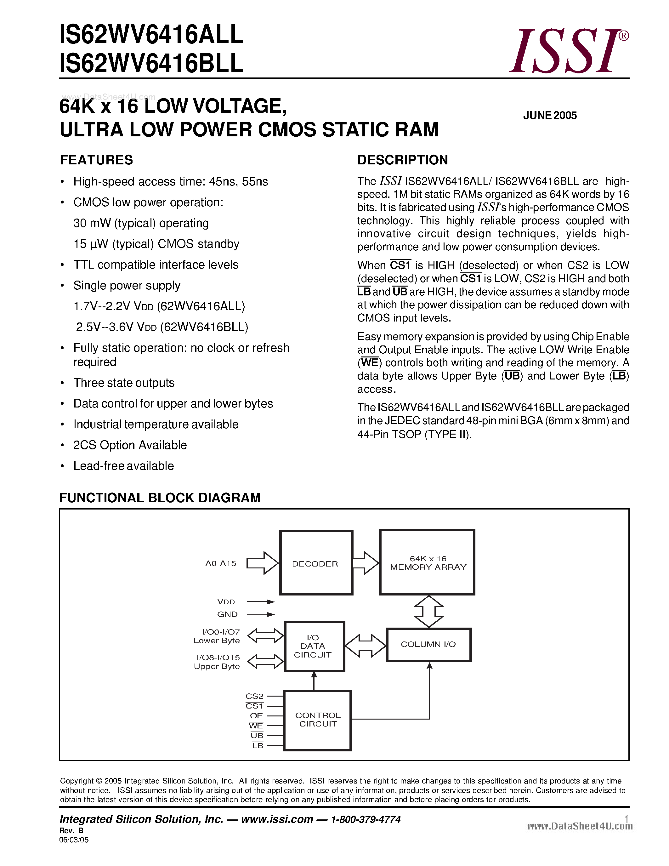 Даташит на микросхему IS62WV6416ALL страница 1 Даташит IS62WV6416ALL - ULTRA LOW POWER CMOS STATIC RAM страница 1