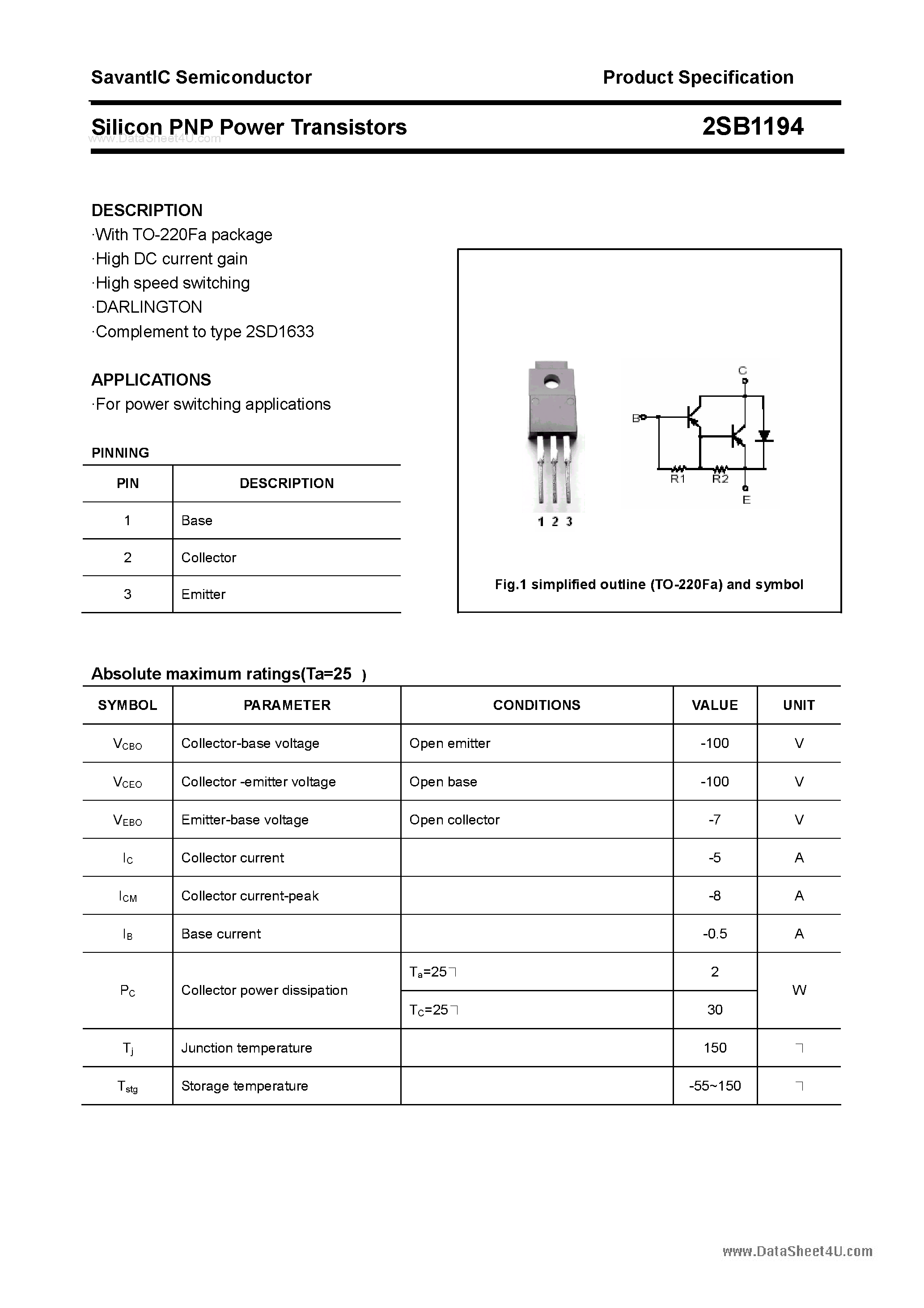 Datasheet 2SB1194 page 1 Datasheet 2SB1194 - SILICON POWER TRANSISTOR page 1