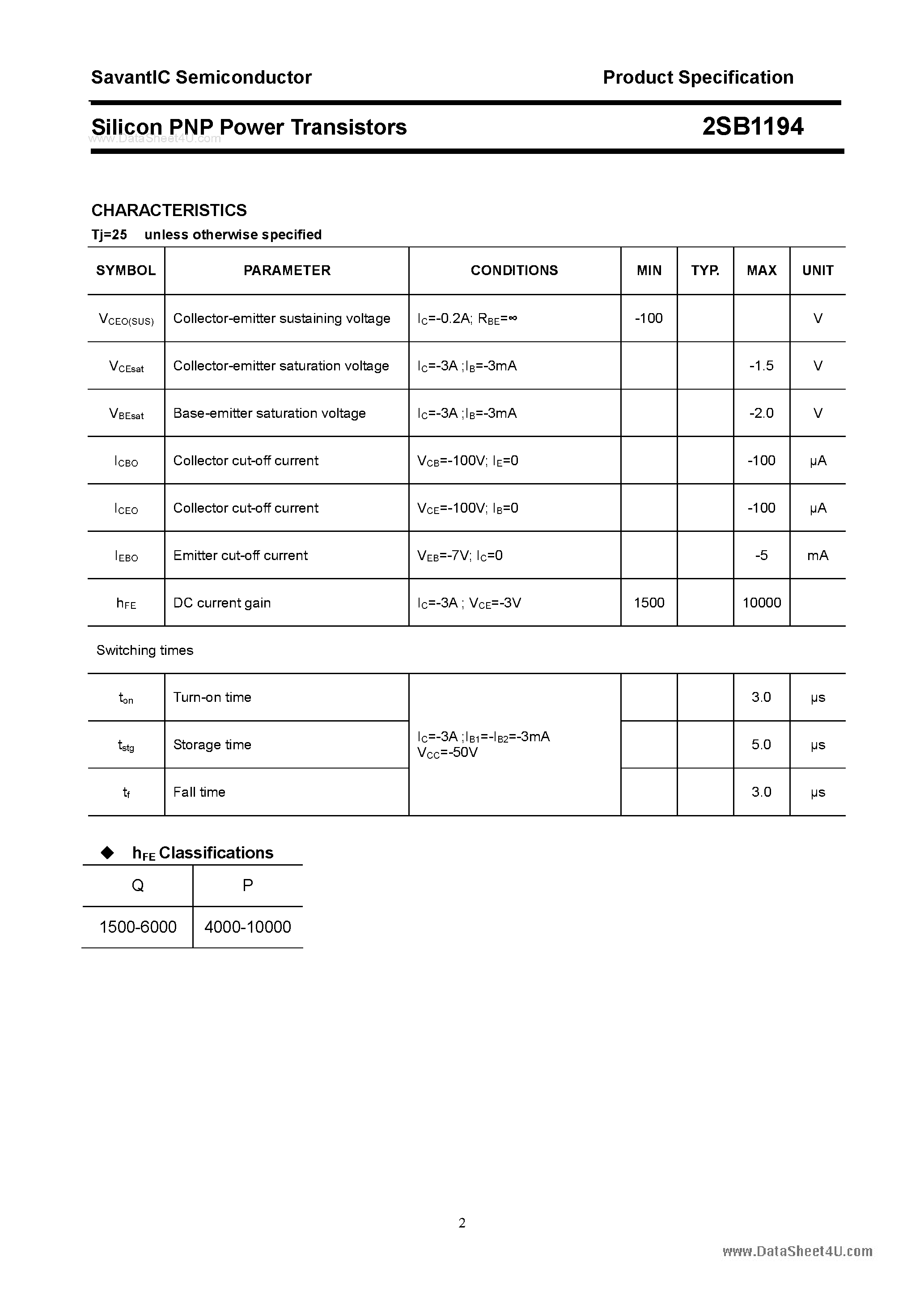 Datasheet 2SB1194 page 2 Datasheet 2SB1194 - SILICON POWER TRANSISTOR page 2