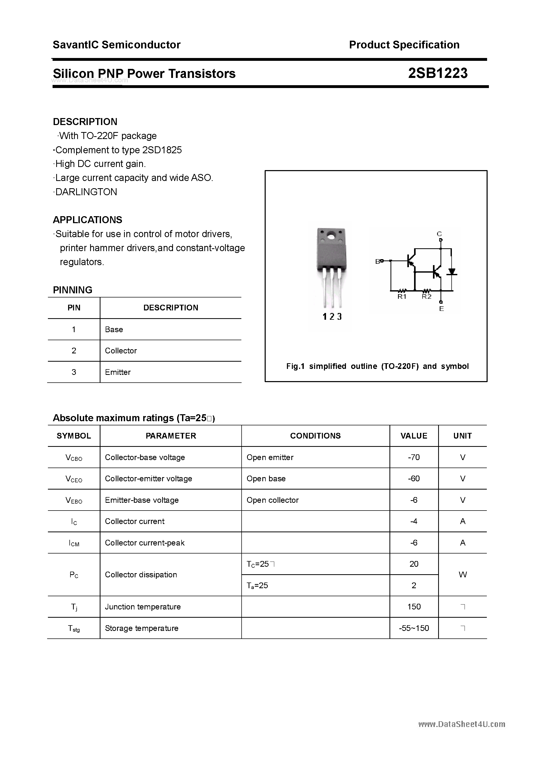 Datasheet 2SB1223 - SILICON POWER TRANSISTOR page 1
