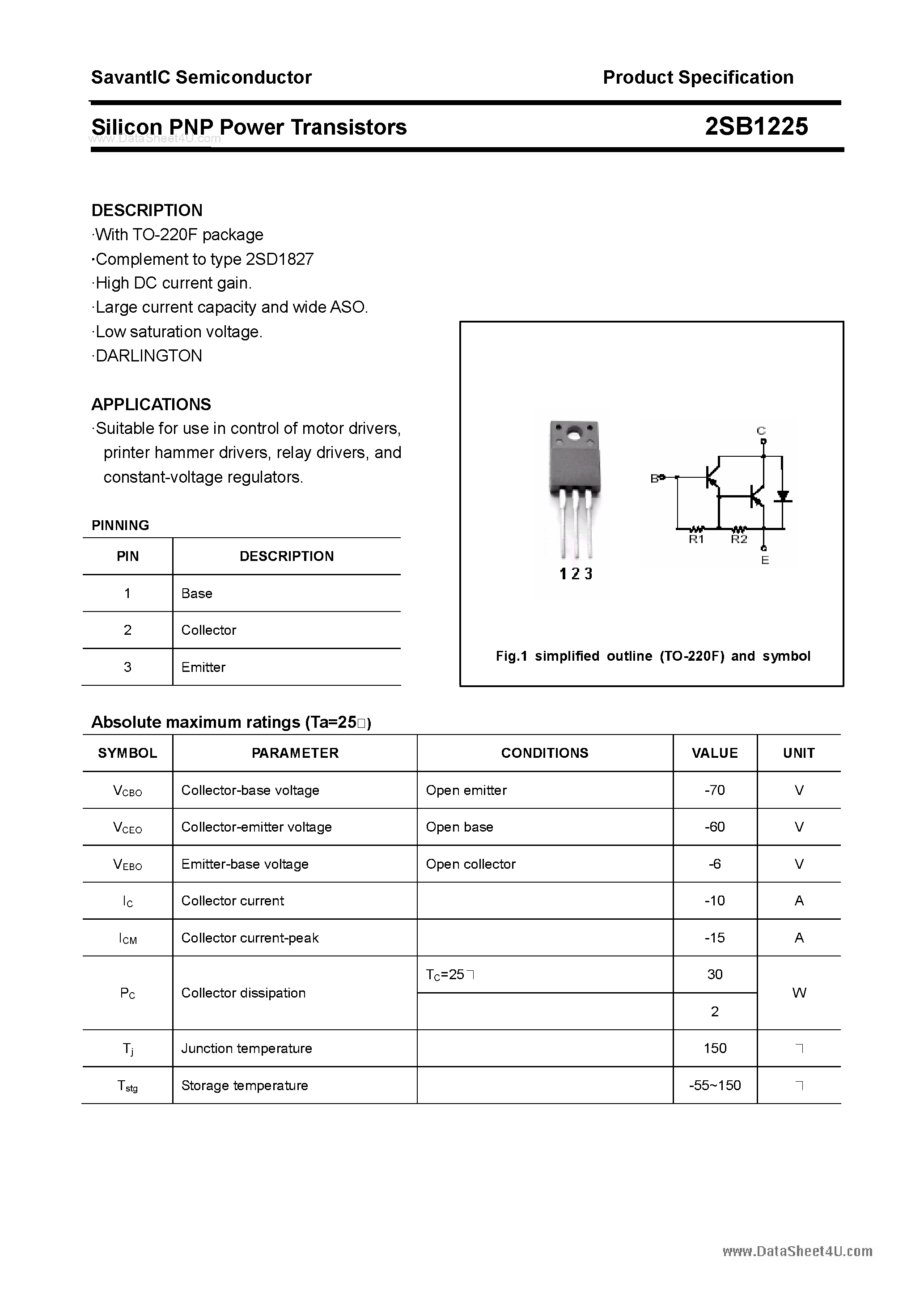 Datasheet 2SB1225 - SILICON POWER TRANSISTOR page 1