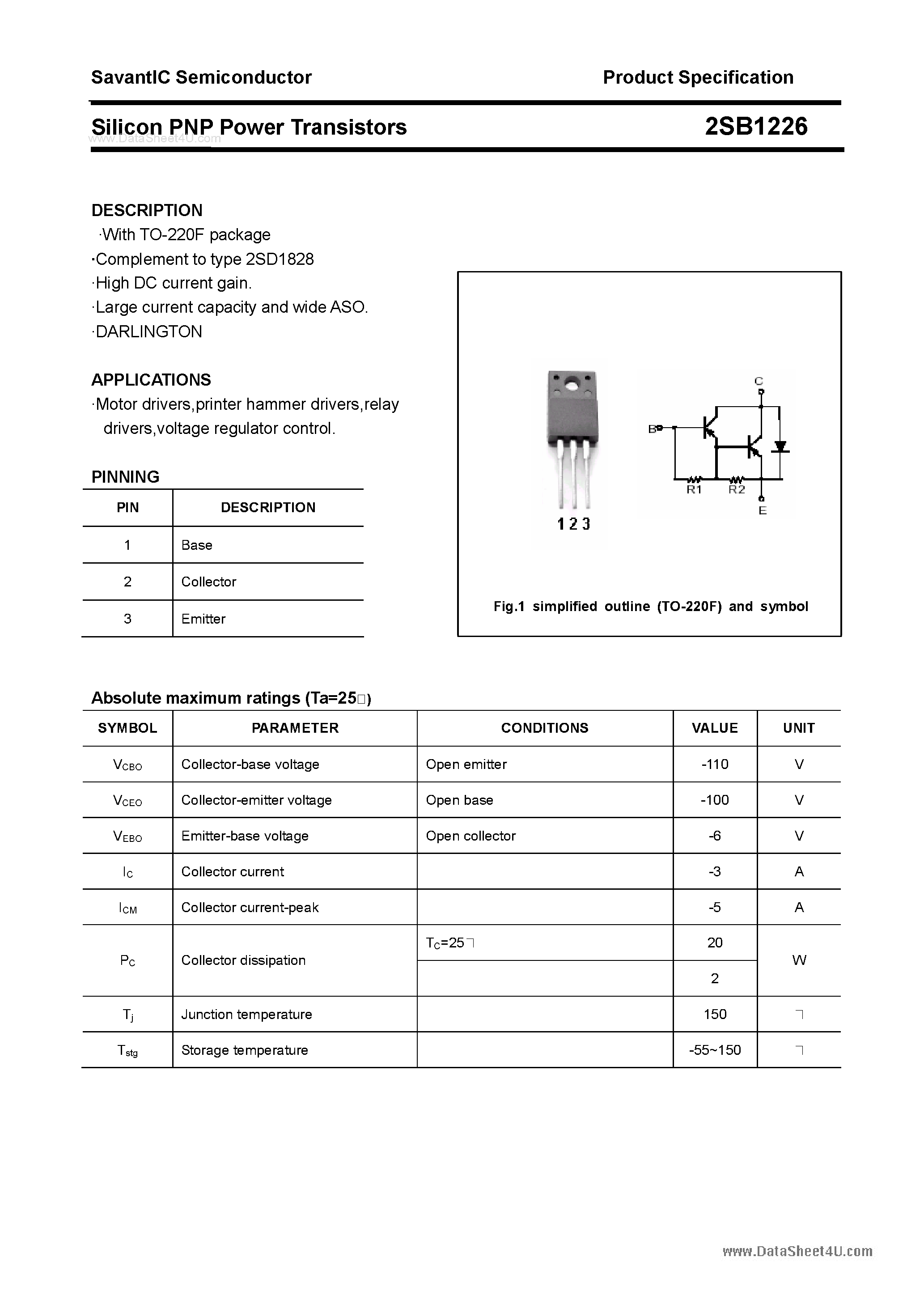 Datasheet 2SB1226 - SILICON POWER TRANSISTOR page 1