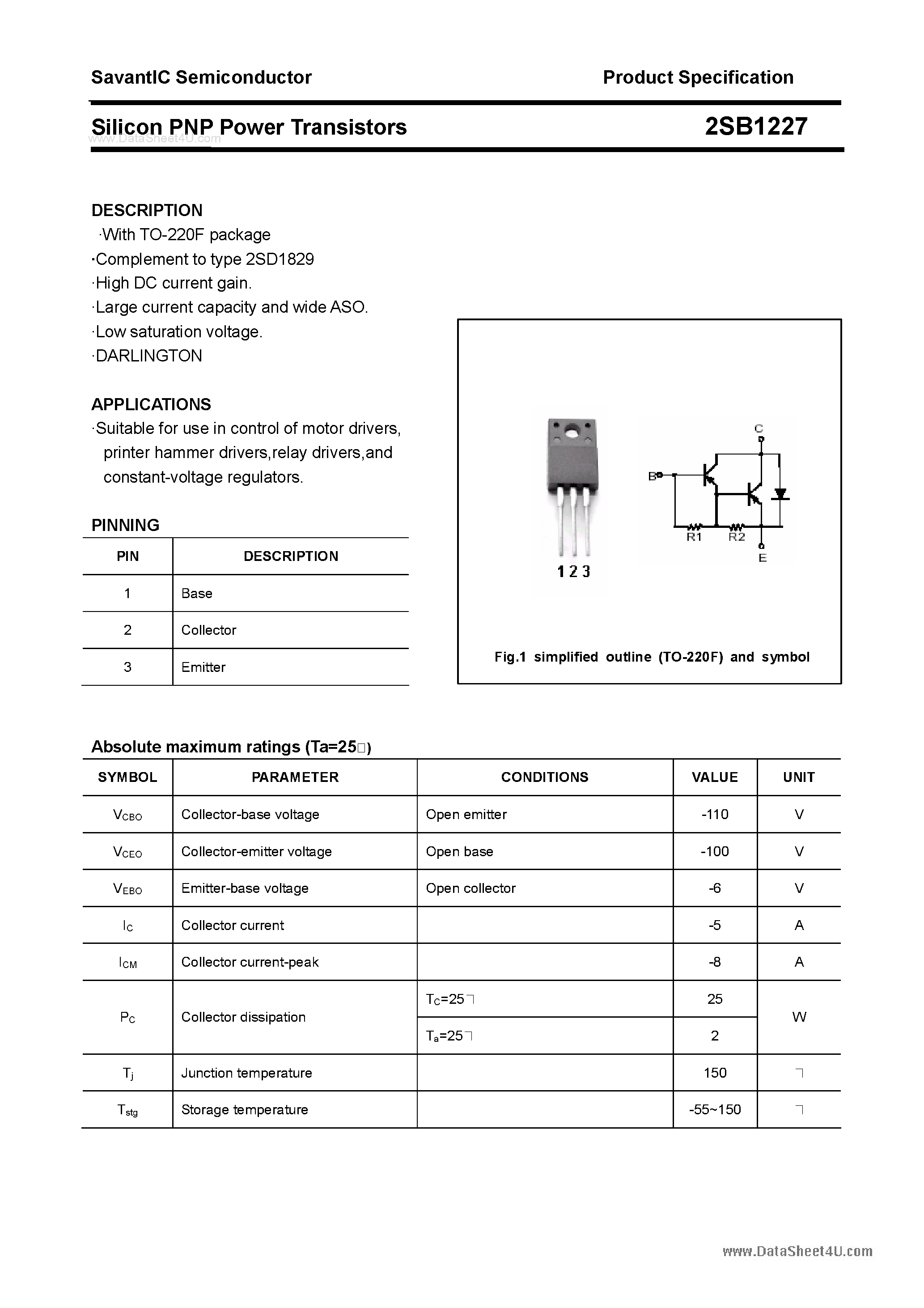 Datasheet 2SB1227 page 1 Datasheet 2SB1227 - SILICON POWER TRANSISTOR page 1