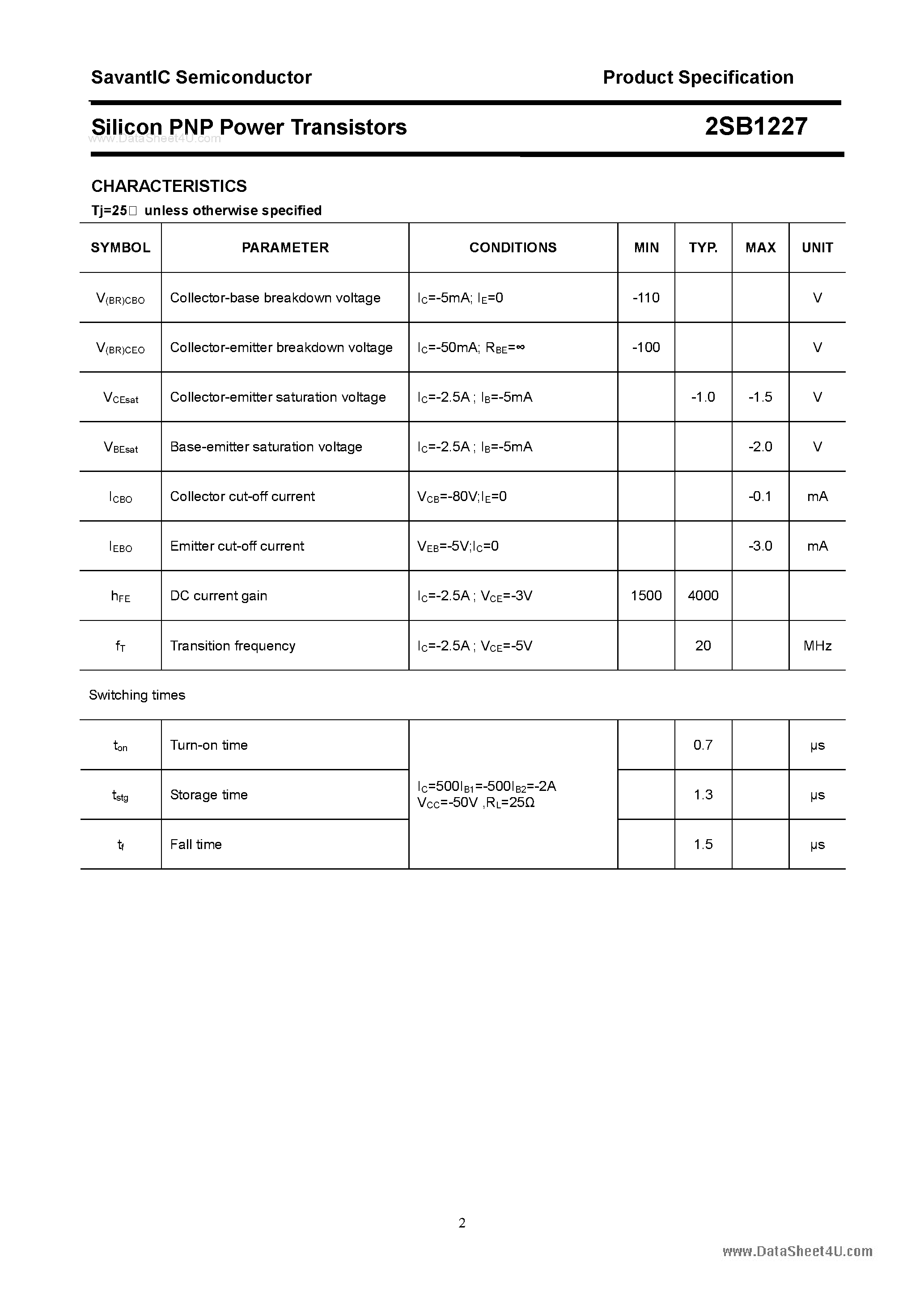 Datasheet 2SB1227 page 2 Datasheet 2SB1227 - SILICON POWER TRANSISTOR page 2