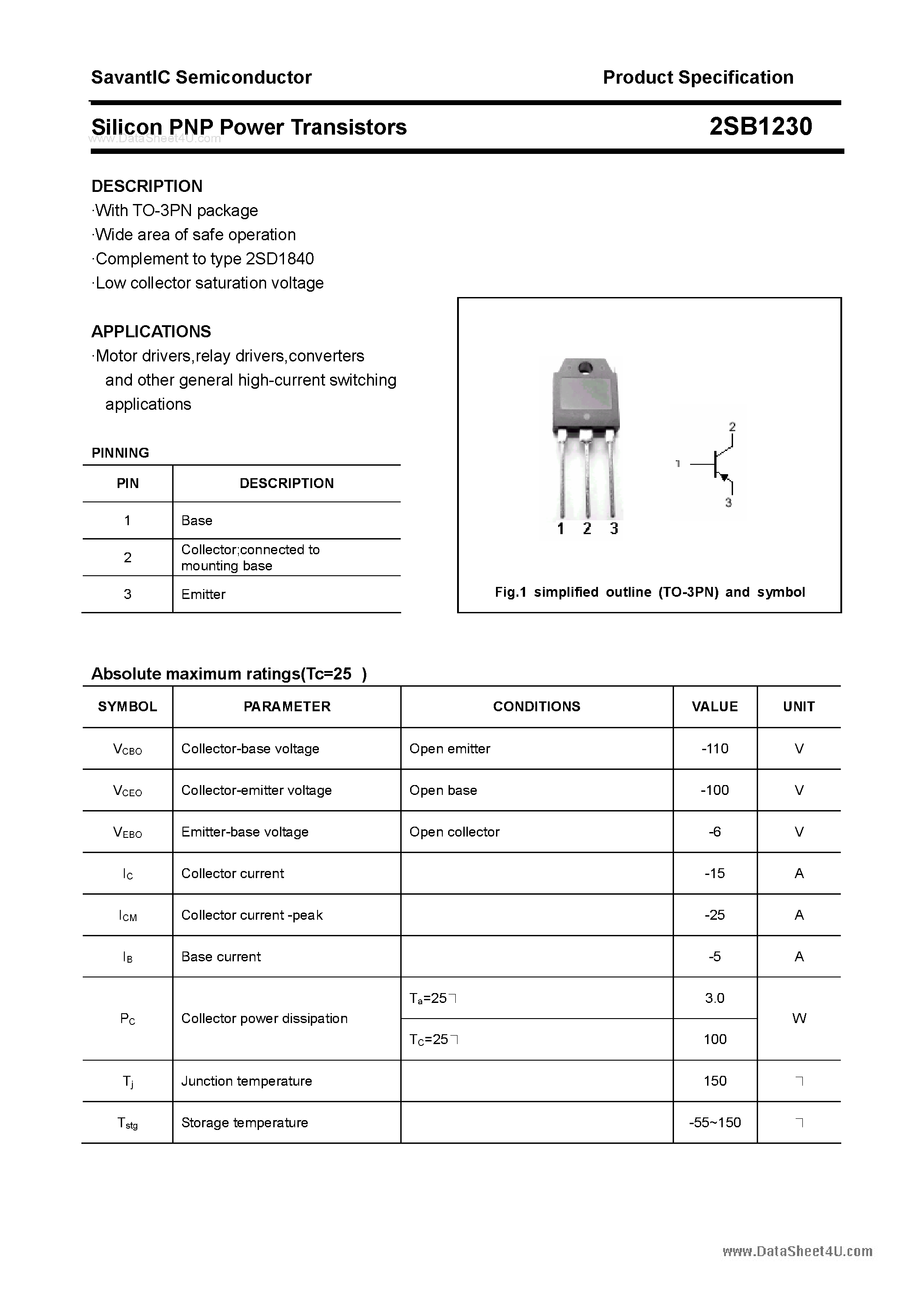 Datasheet 2SB1230 - SILICON POWER TRANSISTOR page 1