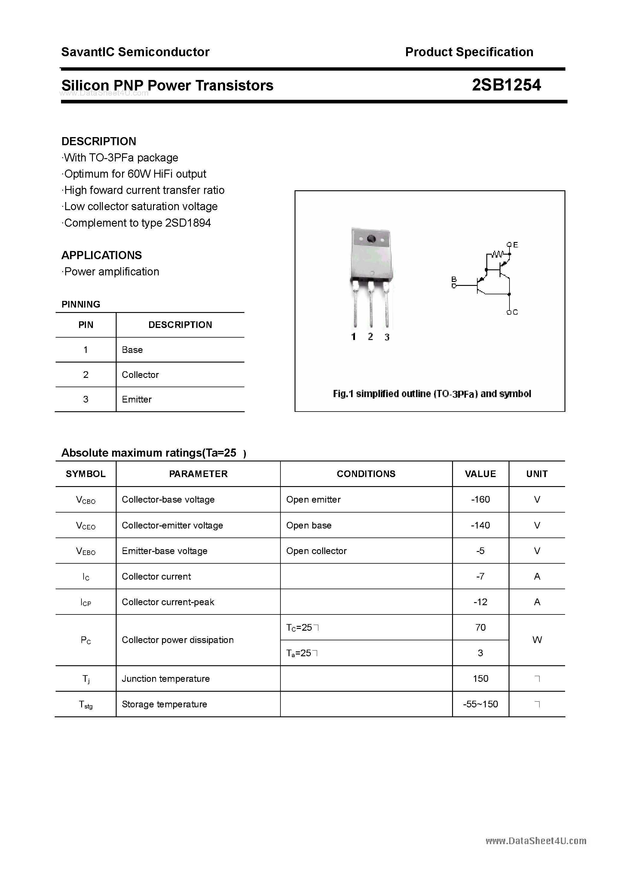 Datasheet 2SB1254 - SILICON POWER TRANSISTOR page 1