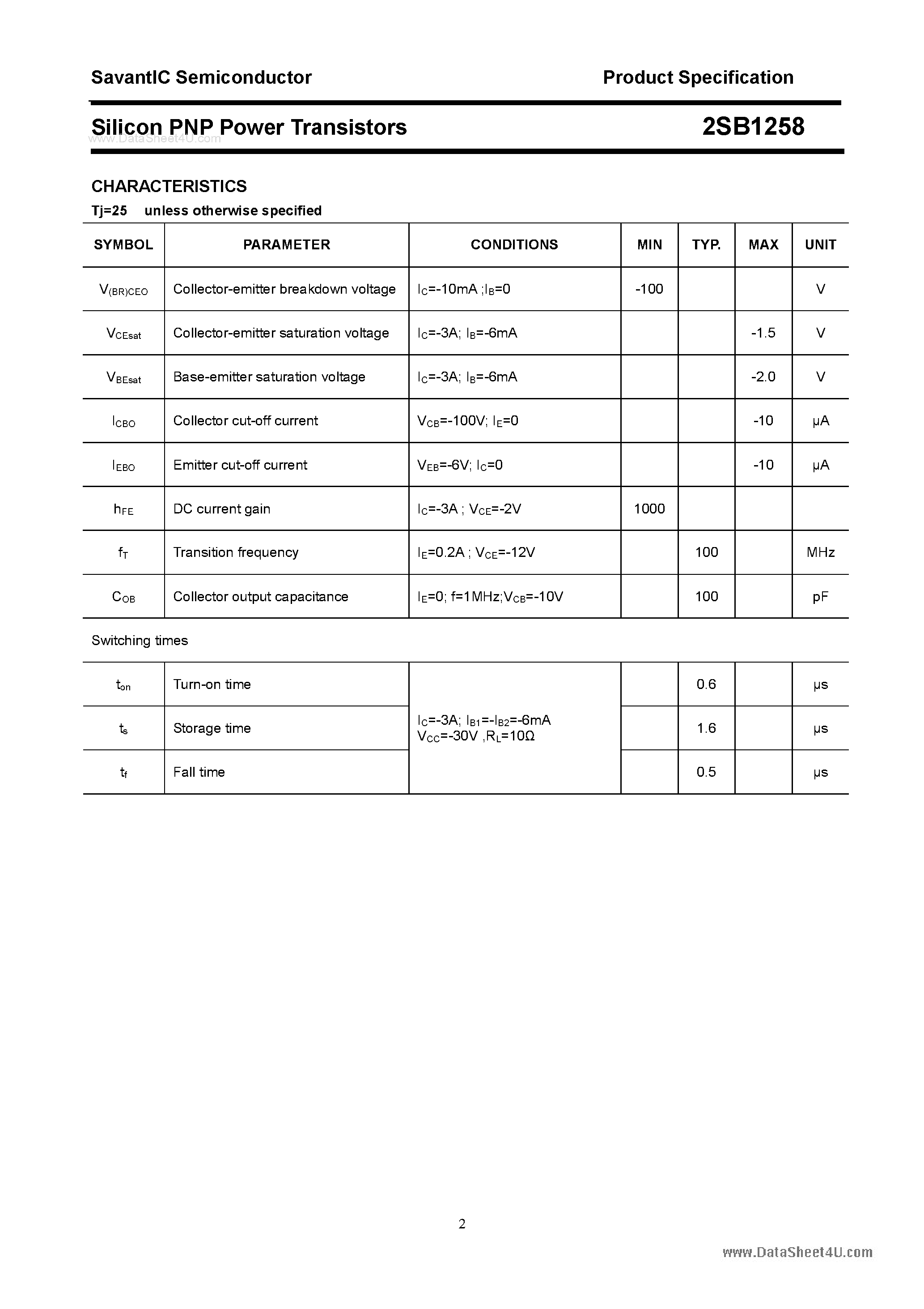 Datasheet 2SB1258 page 2 Datasheet 2SB1258 - SILICON POWER TRANSISTOR page 2