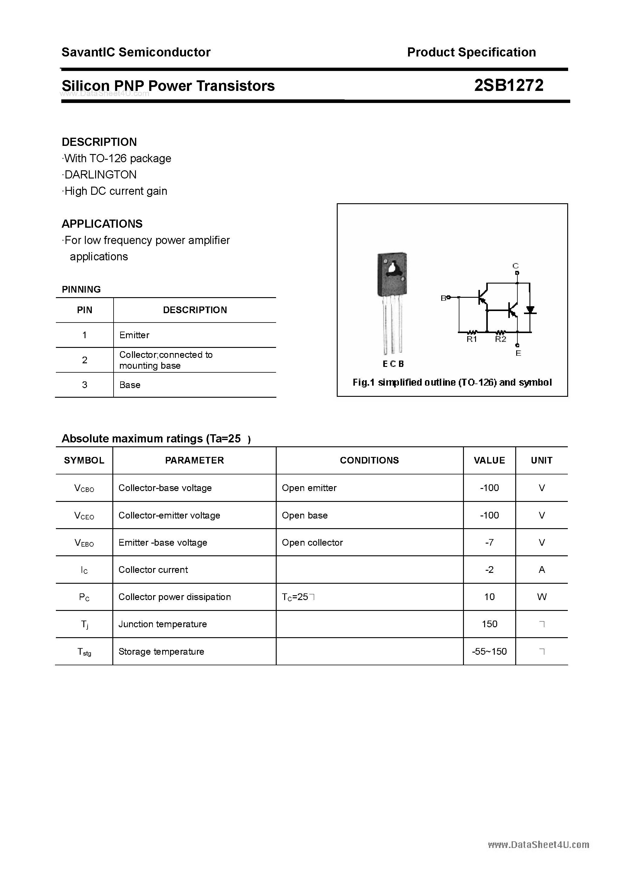 Datasheet 2SB1272 page 1 Datasheet 2SB1272 - SILICON POWER TRANSISTOR page 1