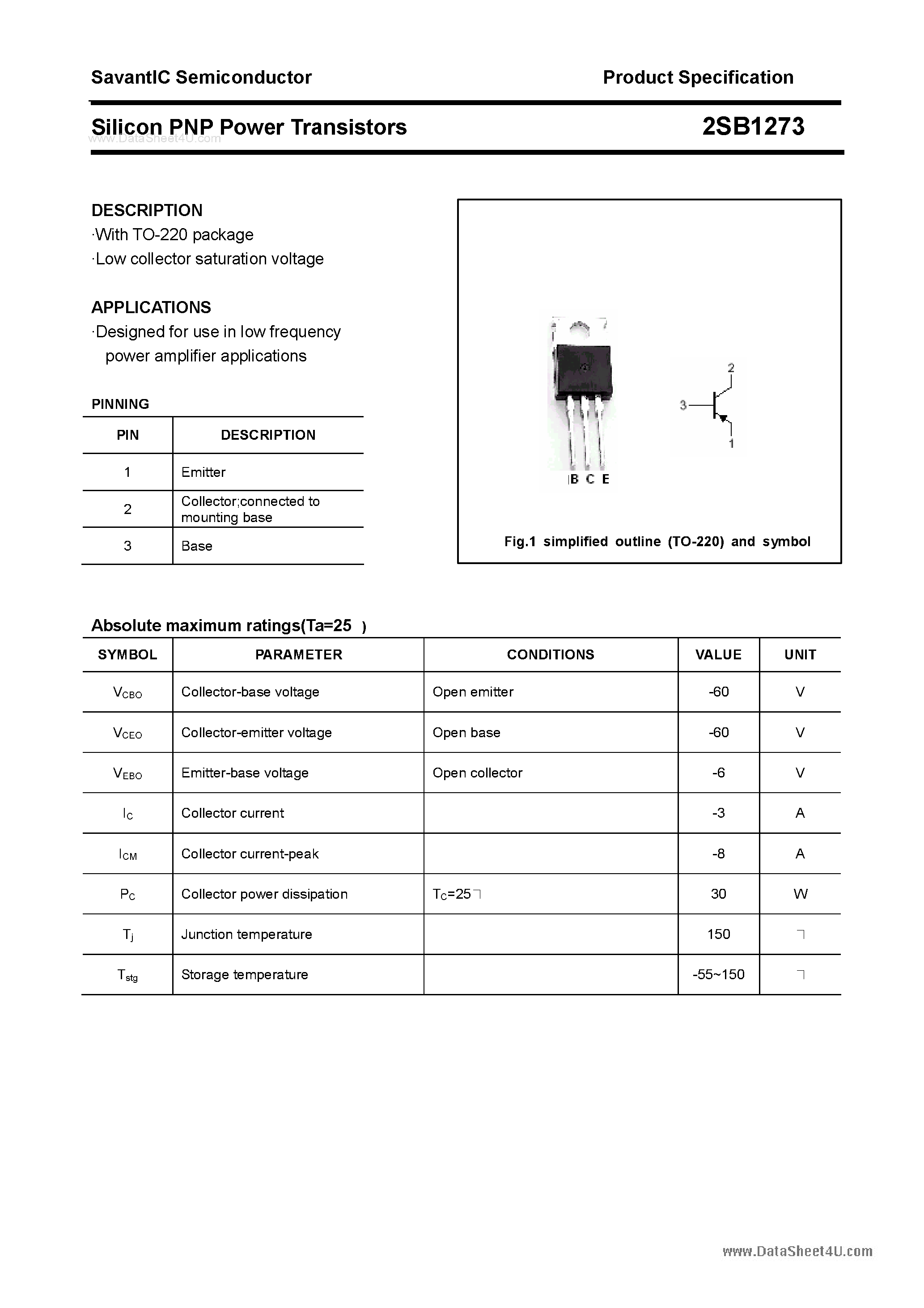 Datasheet 2SB1273 - SILICON POWER TRANSISTOR page 1